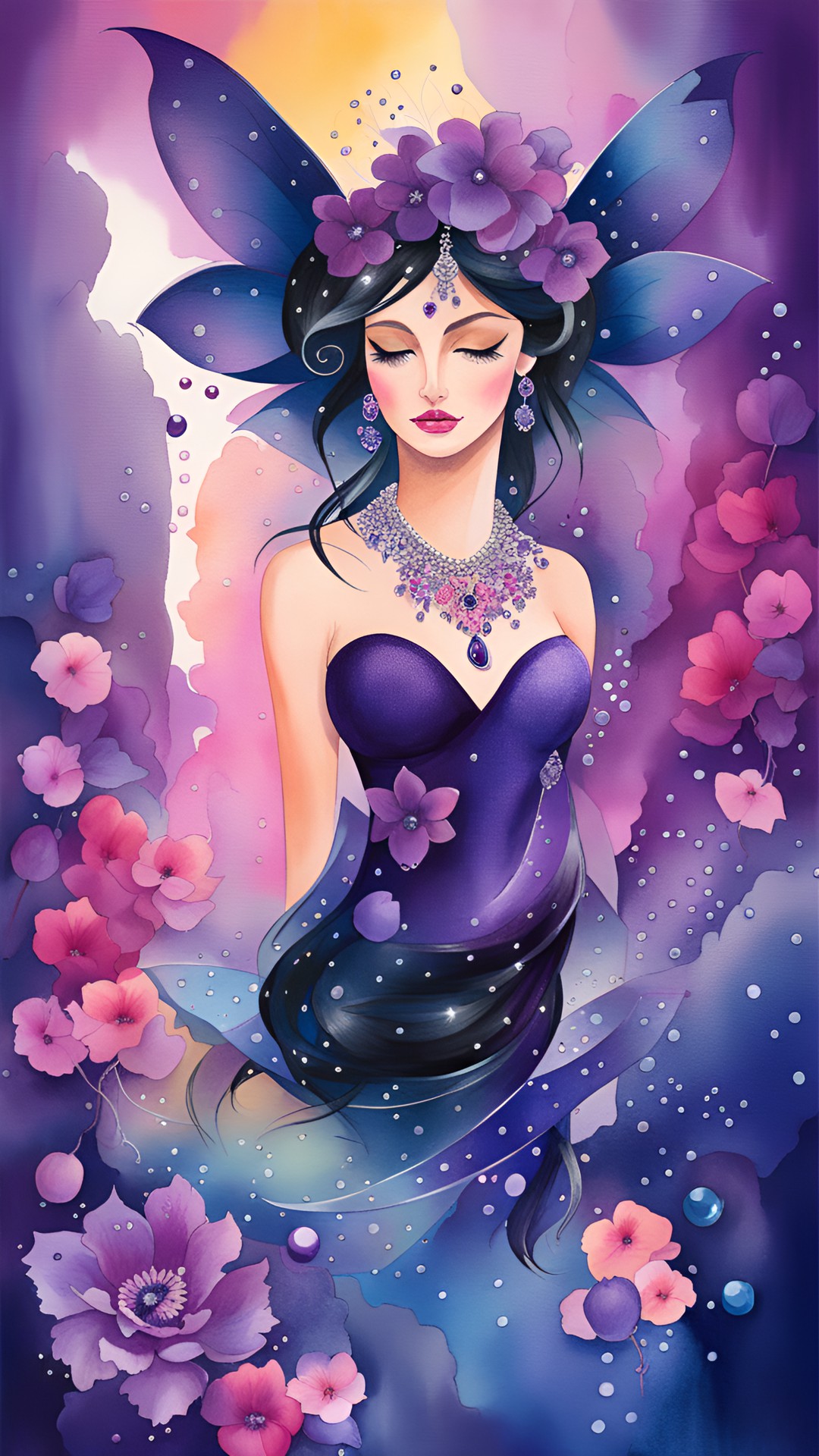 gorgeous dark pink, dark blue and dark purple fairy/ river of diamonds/ jewelry black and dark purple pearls and dark flowers/ magic preview