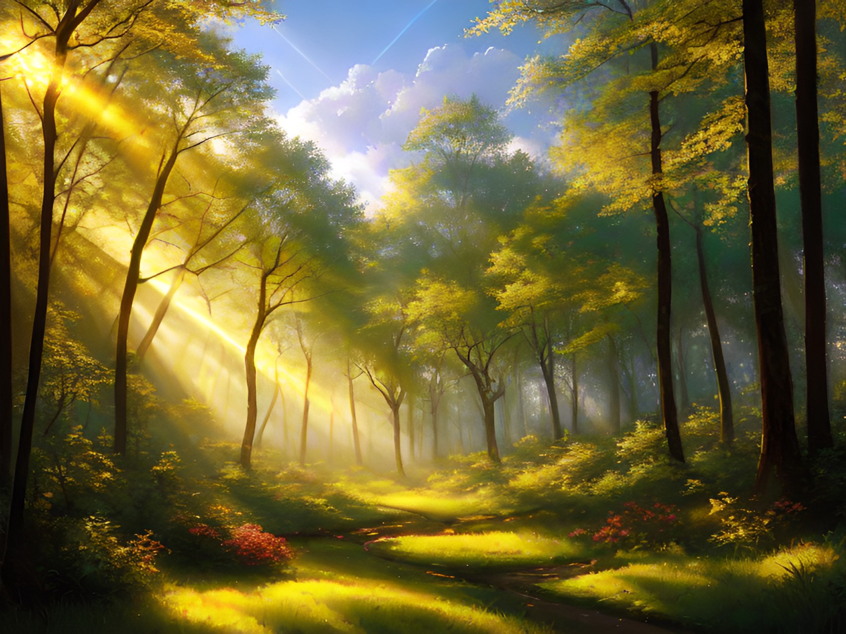 a forest clearing with sunbeams streaming from the trees preview