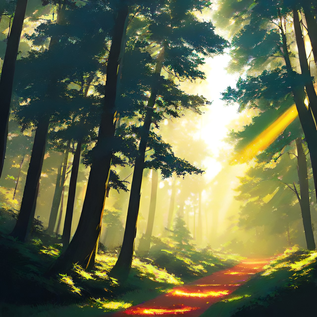 a forest clearing with sunbeams streaming from the trees preview