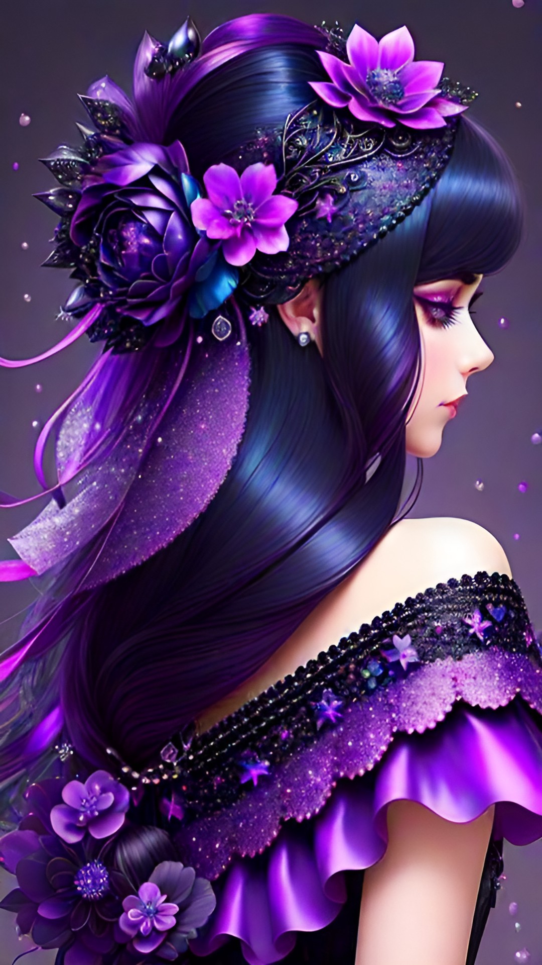 gorgeous dark pink, dark blue and dark purple fairy/ river of diamonds/ jewelry black and dark purple pearls and dark flowers/ magic preview