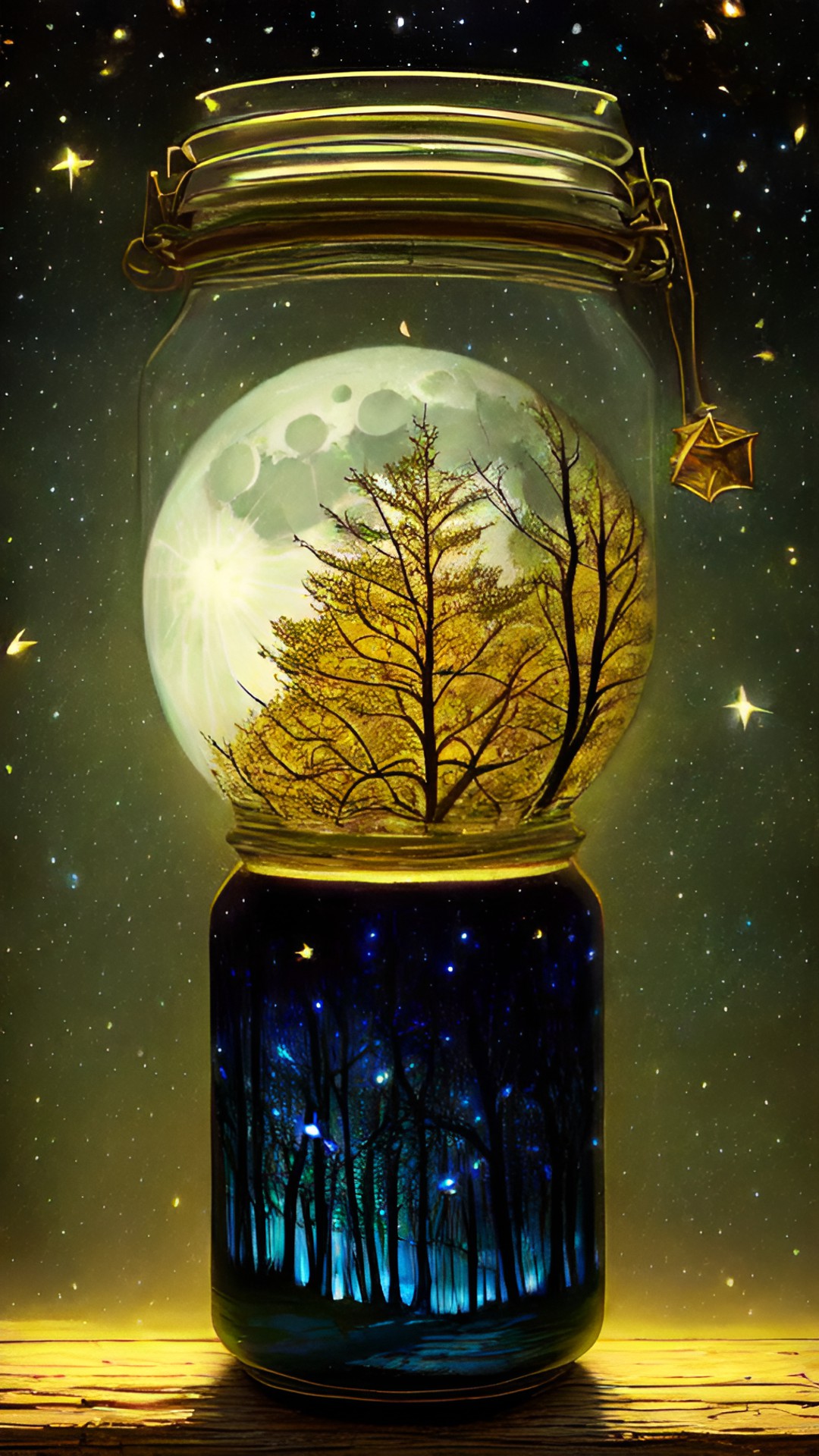 witch, forest, night time, moon, star, fireflies, potion jar preview