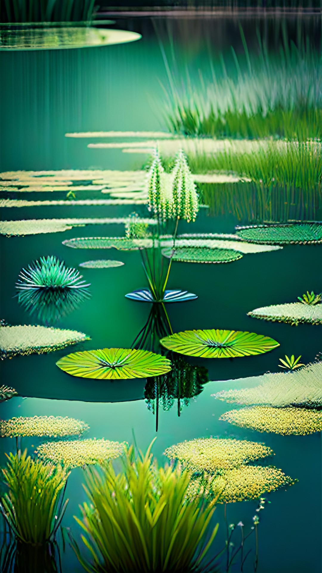 spearmint, spearmint flower, cattails, green, water, pond, blue water preview