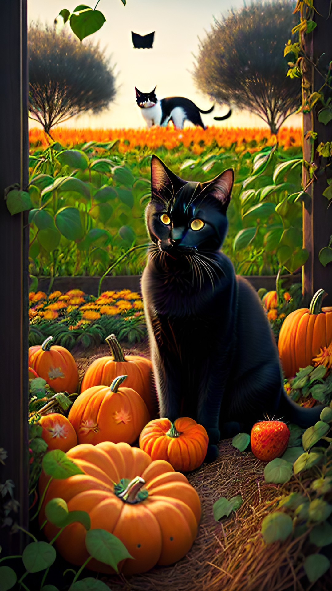 black, cat, pumpkin patch, vines, greenery, strawberries preview