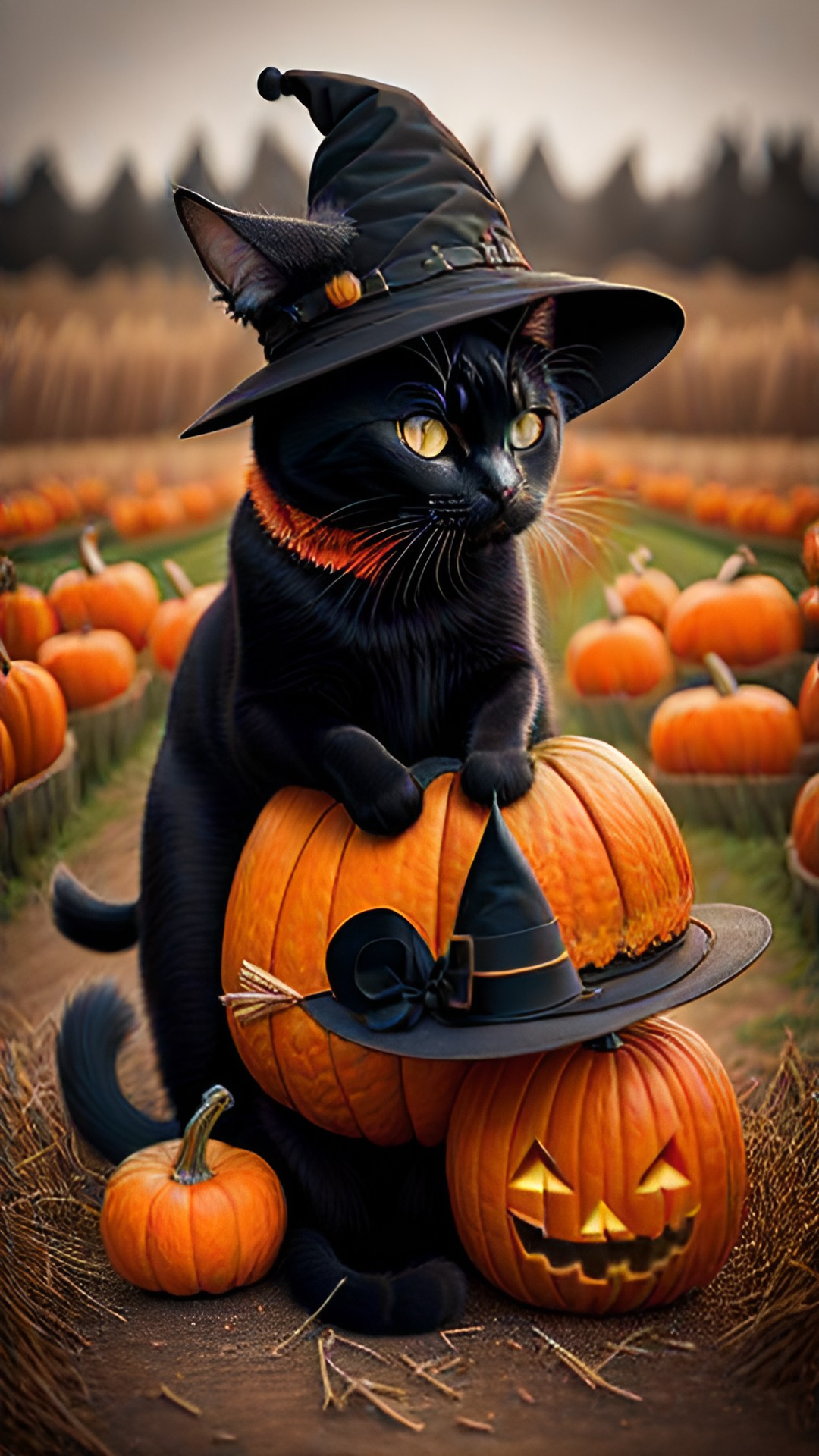 black cat, witch hat, broom, pumpkin patch, 🎃 preview