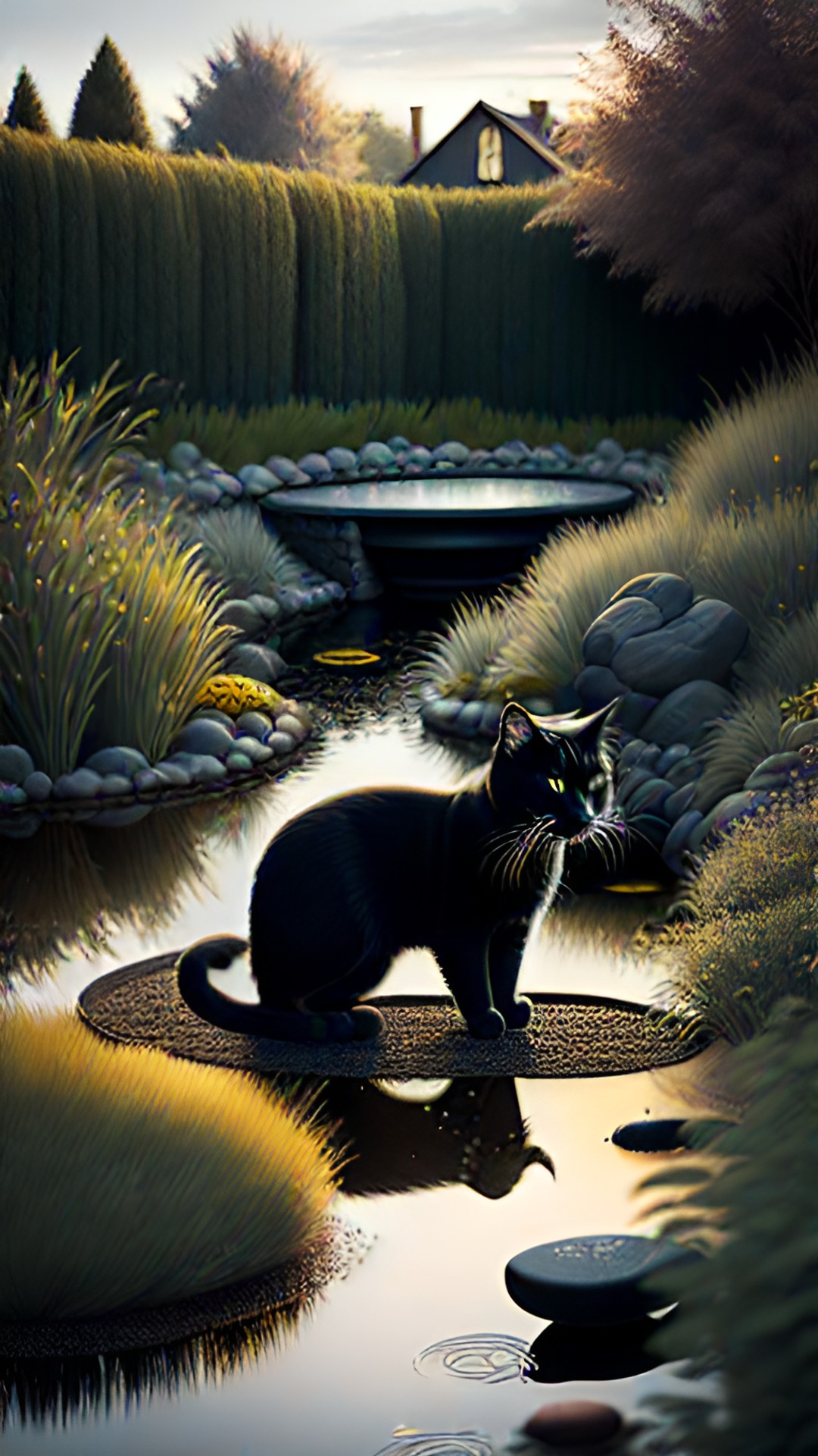 black cat, garden, stone art, pond, preview