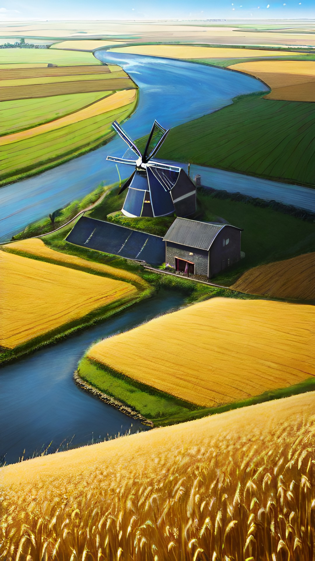 Yeh mill - windmill on a river side with a field of wheat beside the windmill preview