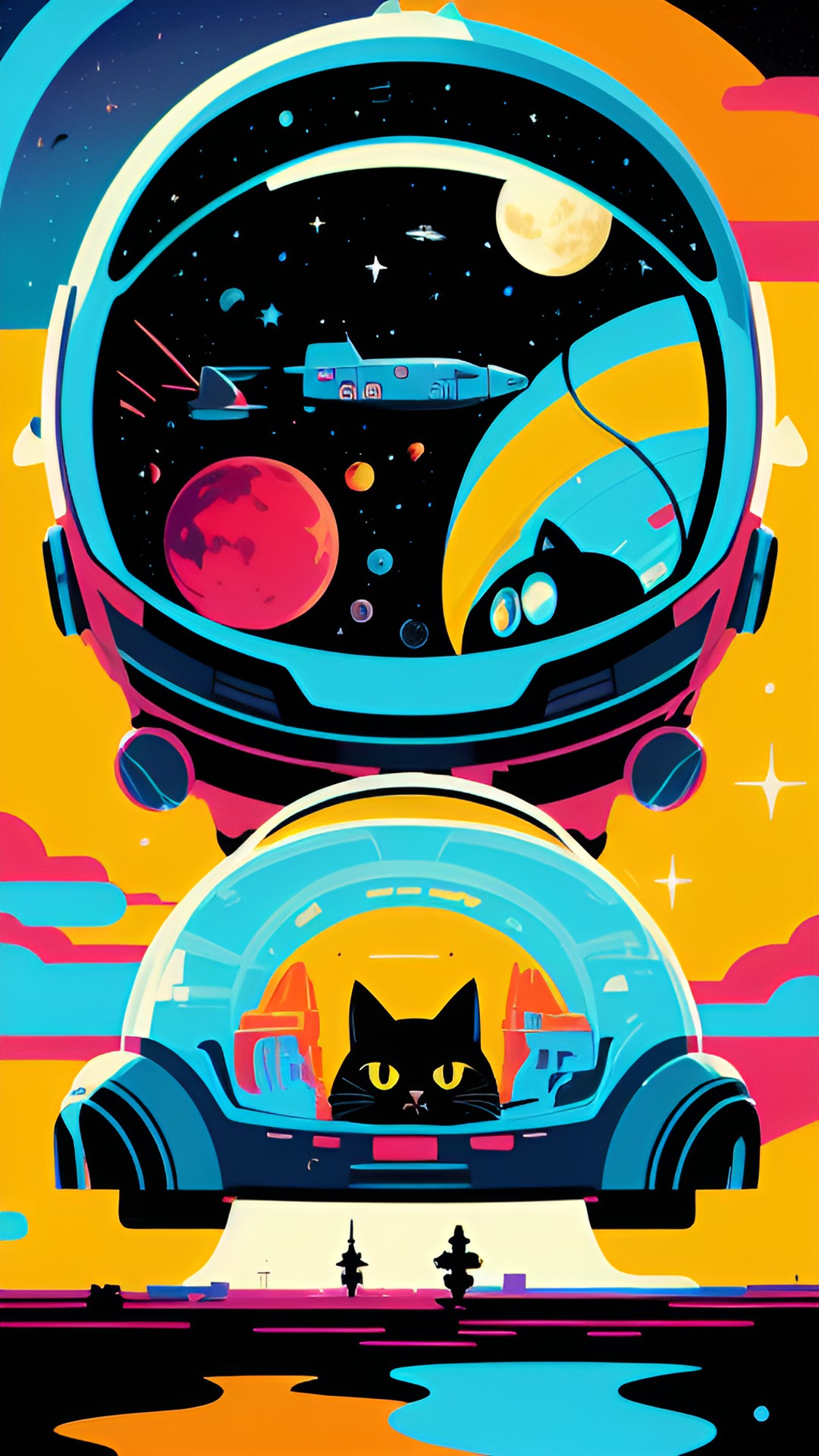 single black cat in a space helmet - space suit rinding a space car on the moon preview