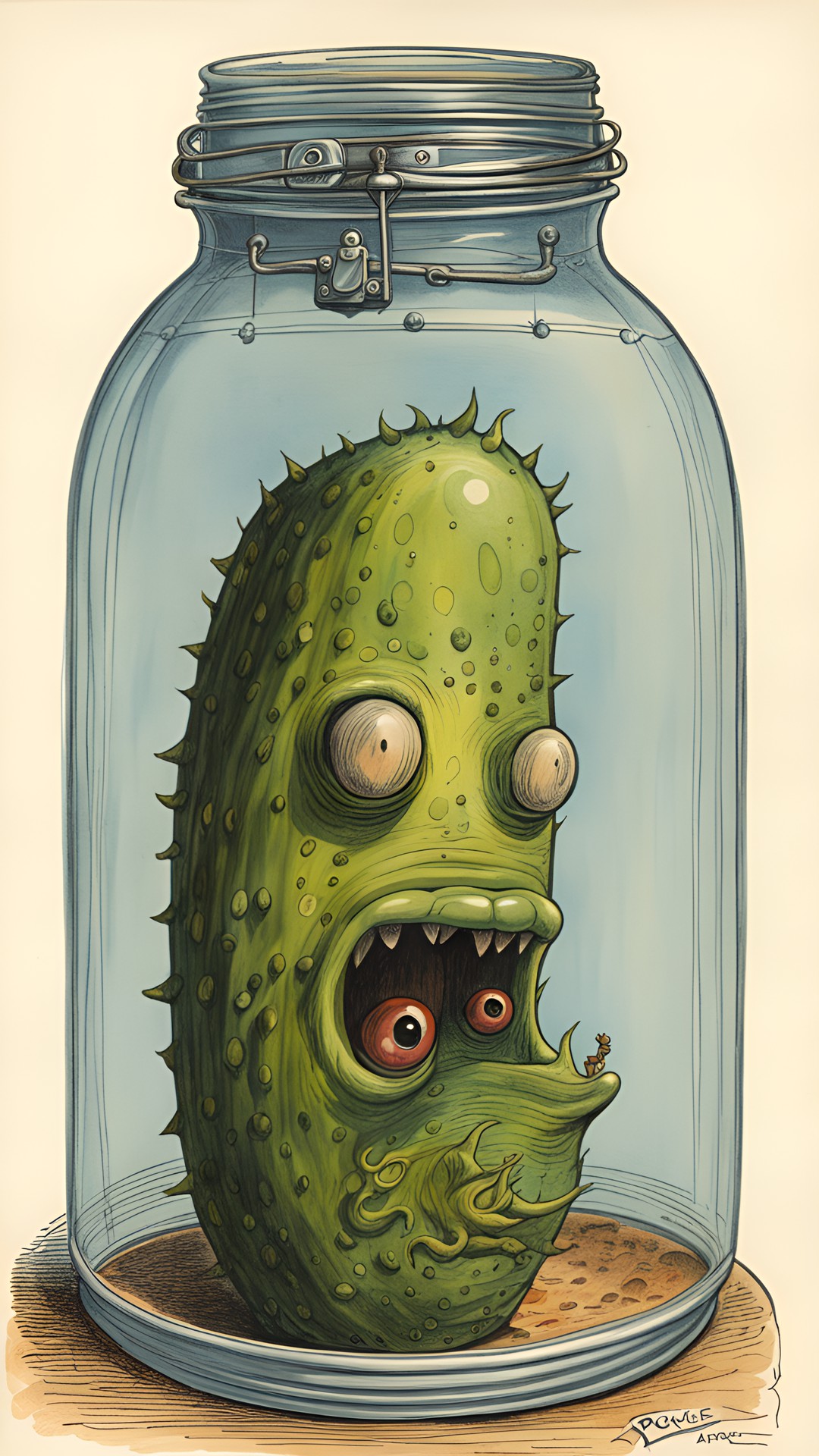 pickle jar from outerspace, drawn by french comic surrealist, pencil and colored ink, 1976 preview