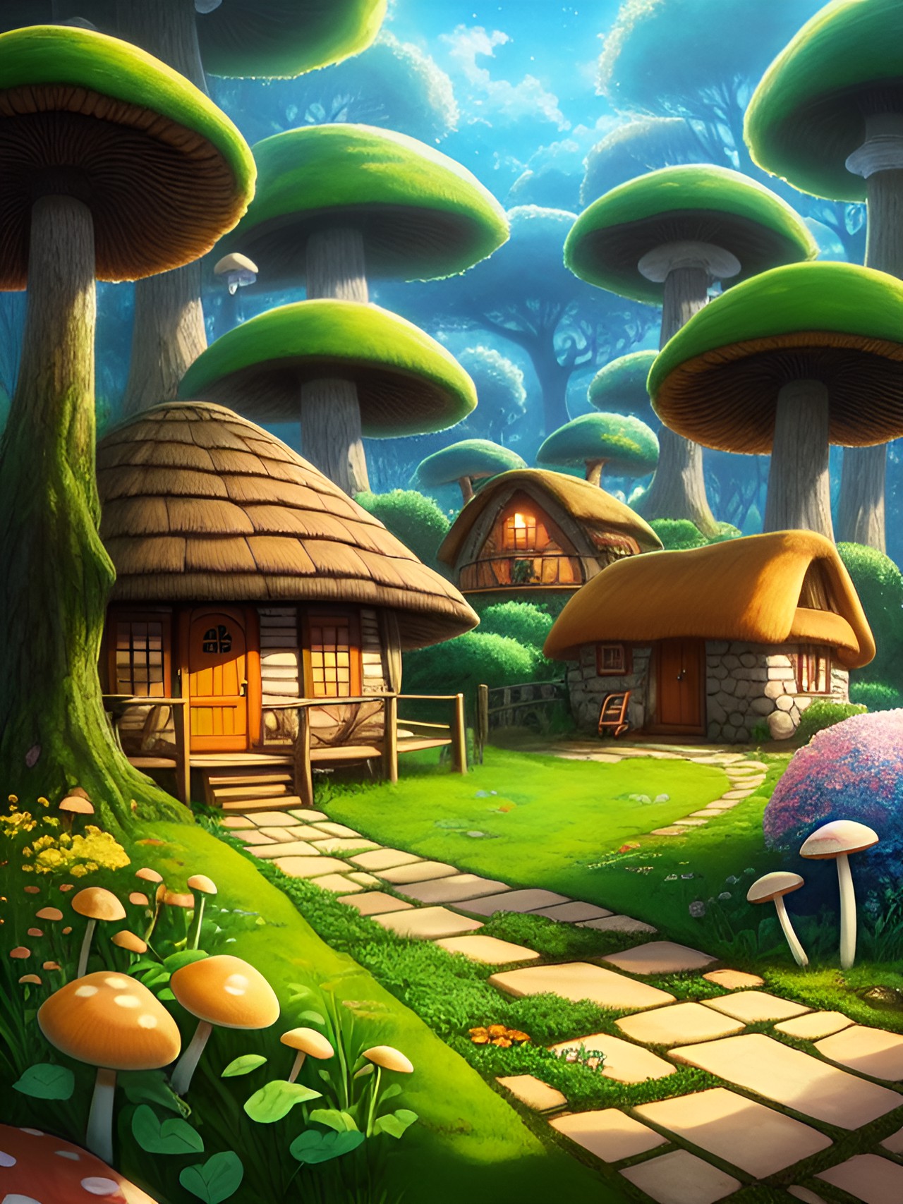 mushroom house  - mushroom house, a quaint little cottage nestled among the trees. it has a thatched roof and a small porch, and it looks like it's straight out of a fairy tale. preview