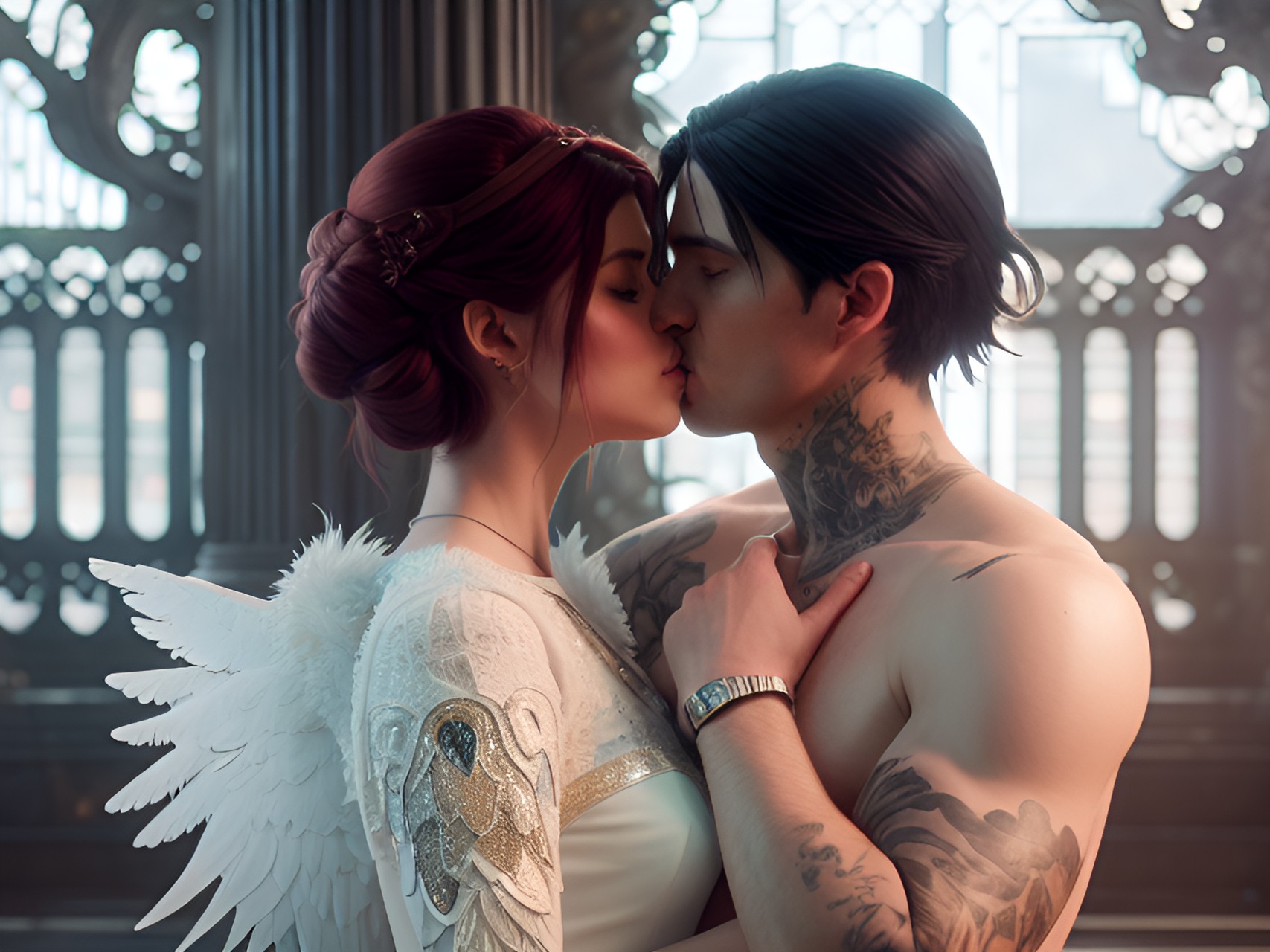 fallen angel kissing her human lover 8k hd detailed, portrait, 3:1 real preview