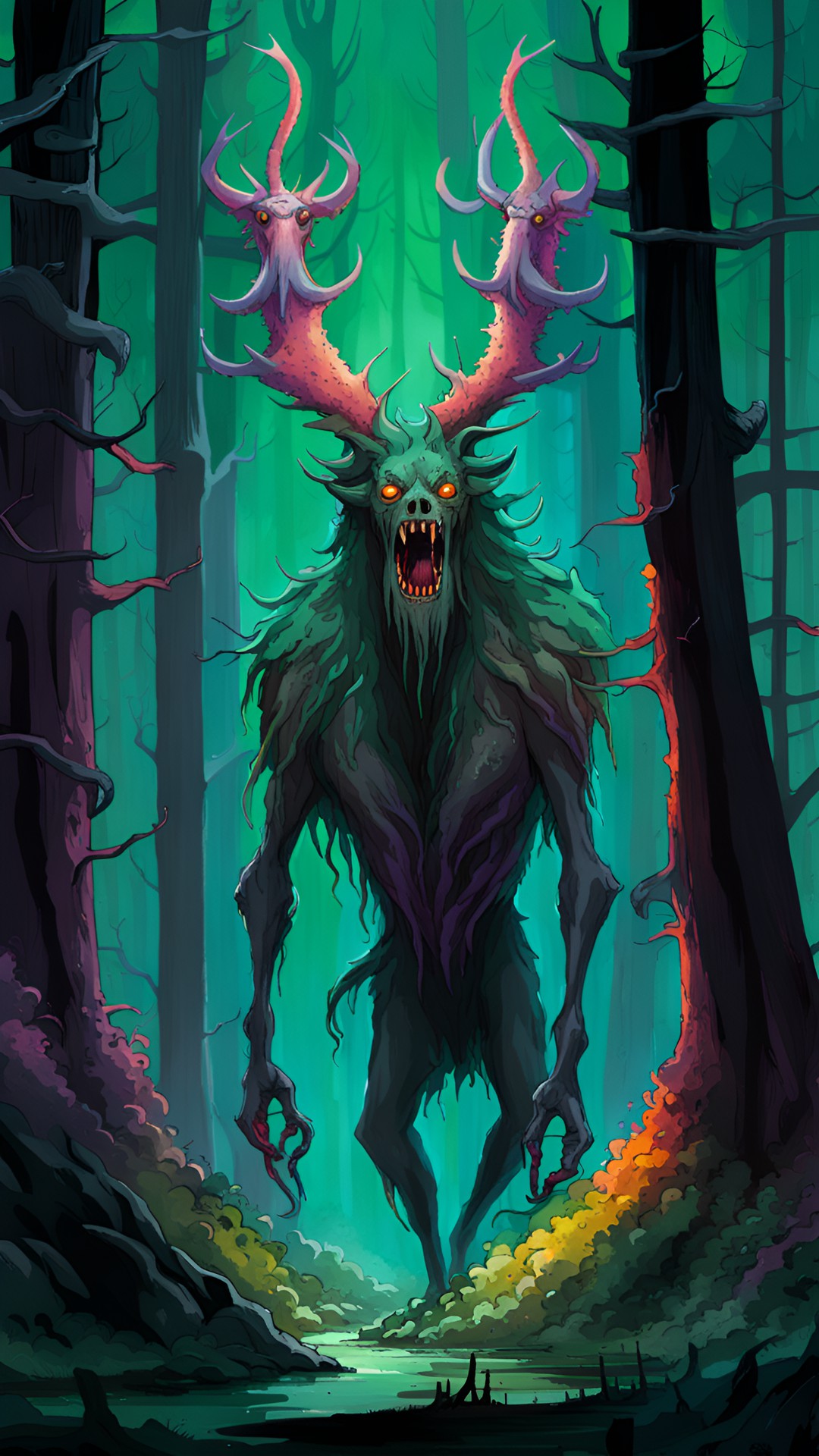 wendigo in the deep forest.  pine forest,forest green, hideous biped starving ghoul preview