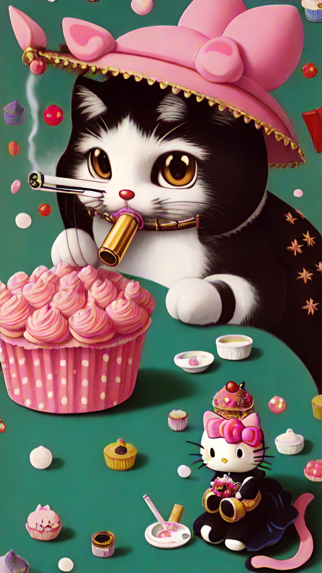 Smoke up! - the original,hello kitty is smoking an ultra realistic,marijuana joint,using her mouth,while sitting on top of an intricately detailed,pink, cupcake preview