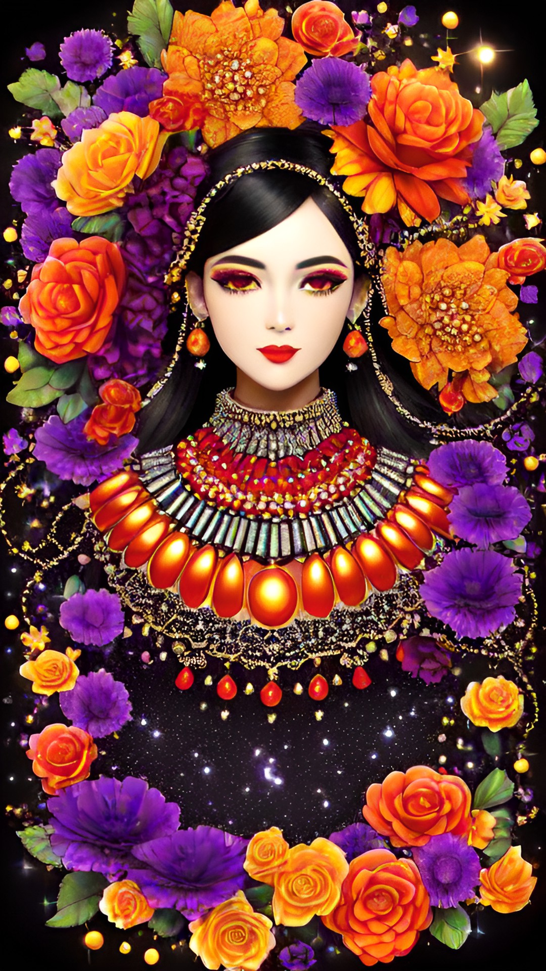 gorgeous orange, yellow and red fairy/ river of diamonds/ jewelry black and dark purple pearls and dark flowers/ magic preview