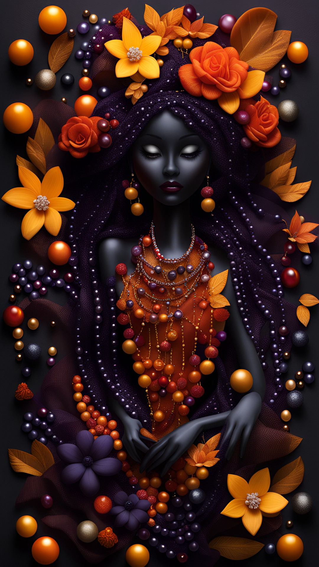 gorgeous orange, yellow and red fairy/ river of diamonds/ jewelry black and dark purple pearls and dark flowers/ magic preview