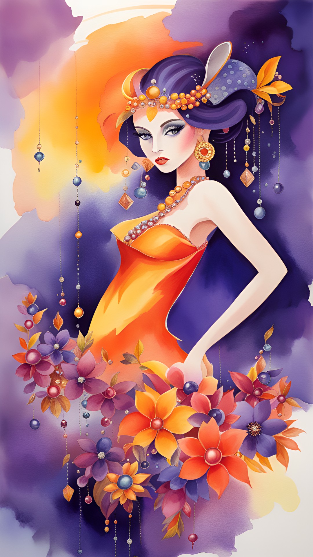 gorgeous orange, yellow and red fairy/ river of diamonds/ jewelry black and dark purple pearls and dark flowers/ magic preview