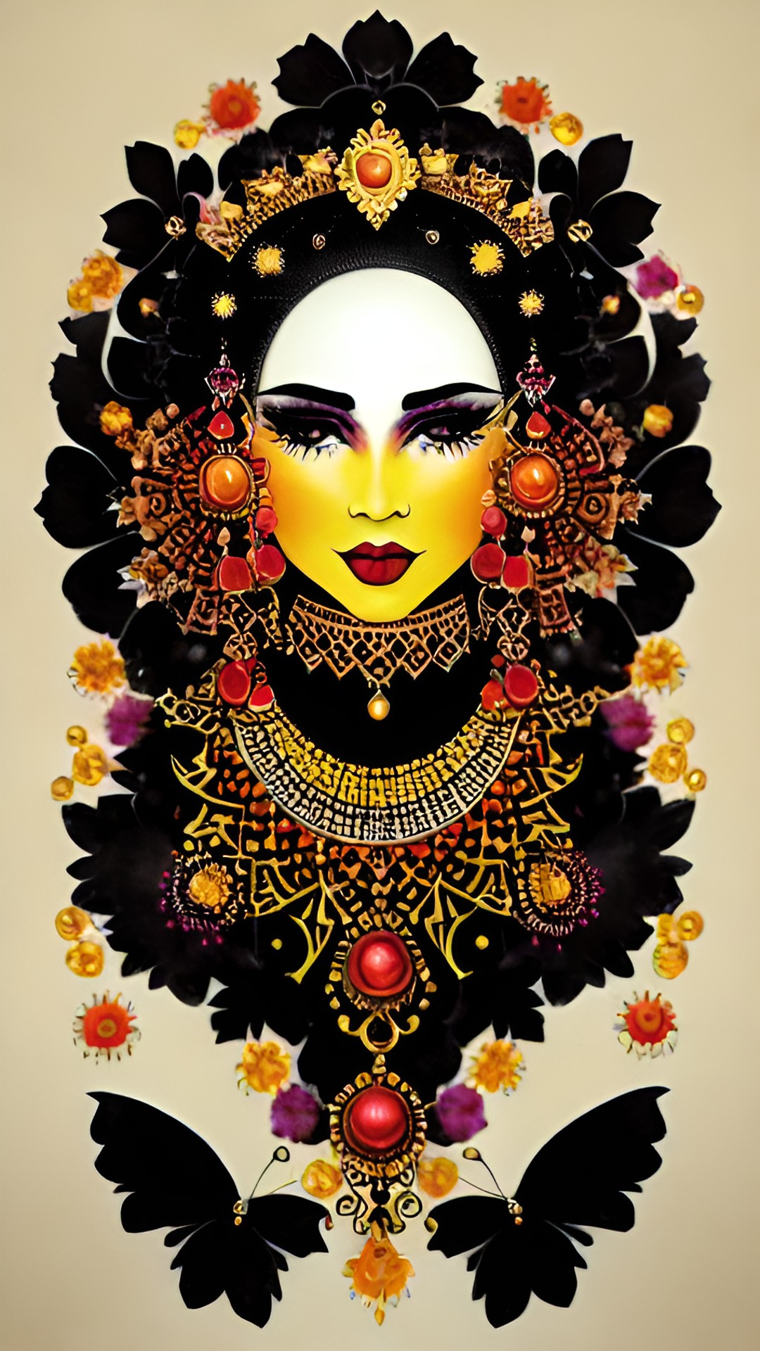 gorgeous orange, yellow and red fairy/ river of diamonds/ jewelry black and dark purple pearls and dark flowers/ magic preview