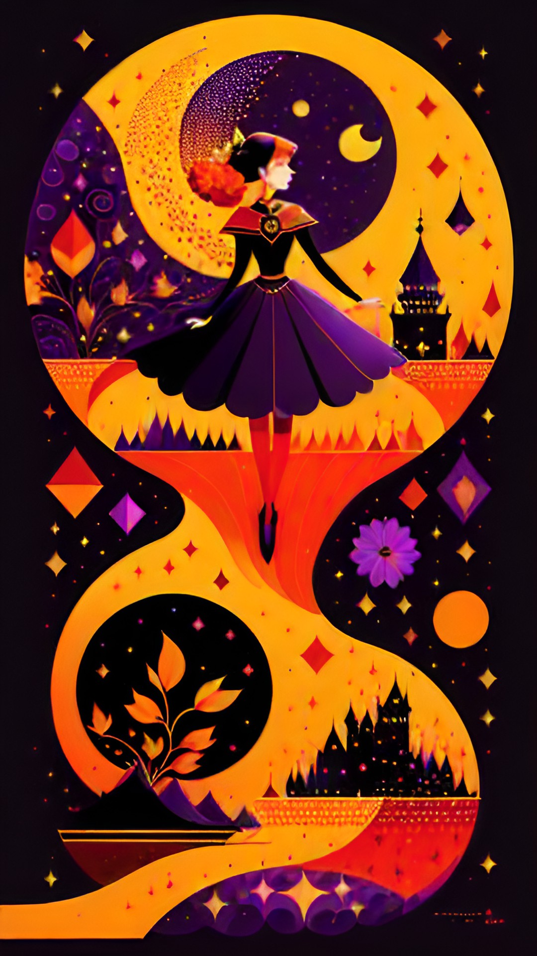 gorgeous orange, yellow and red fairy/ river of diamonds/ jewelry black and dark purple pearls and dark flowers/ magic preview