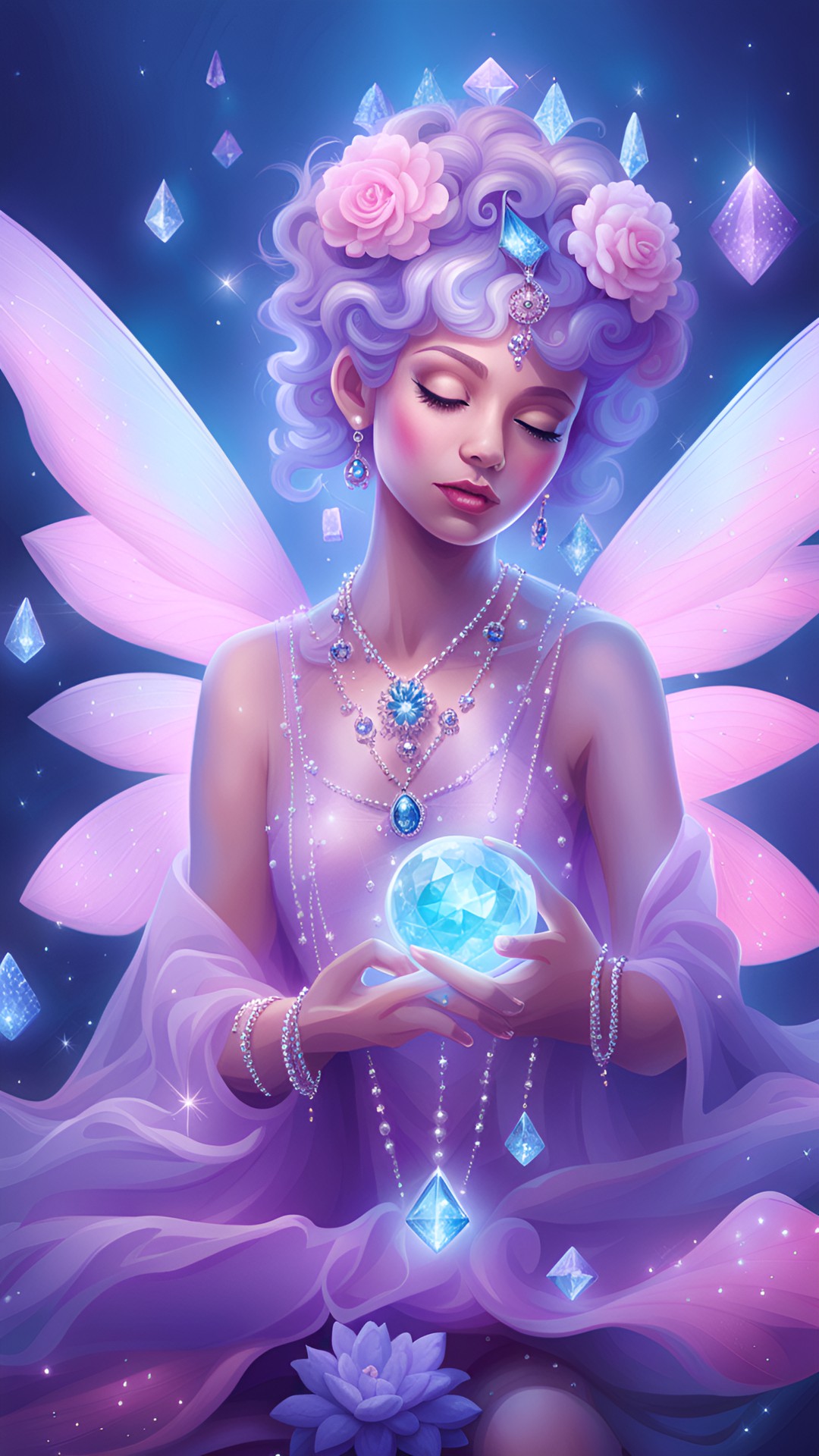 "magnificent pastel pink and blue purple fairy, river of diamonds/ pearl and flower jewelry/ magic/ magic" preview