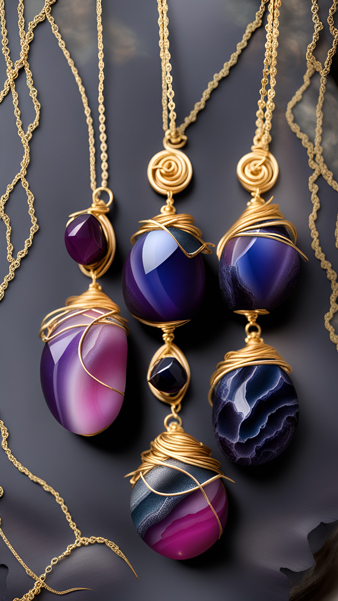 dark purple, dark blue, dark pink and black magical vampire / agate stones and gold filament gemstone jewelry / magical lighting / mesmerizing preview