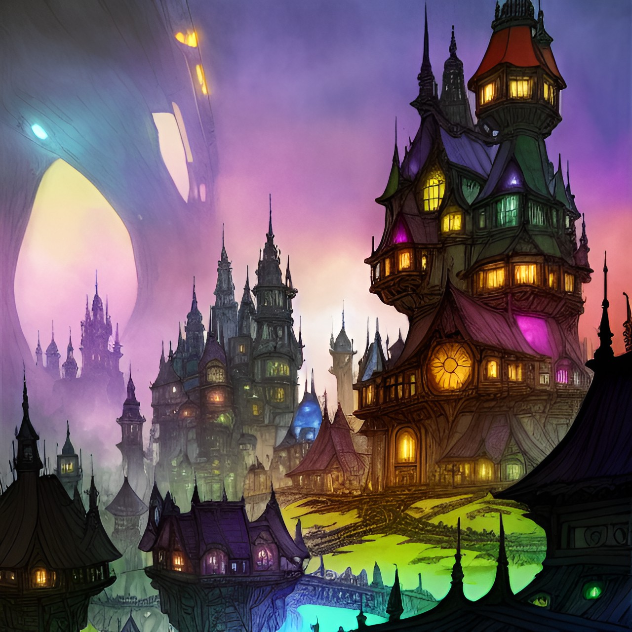 colourful sci-fi fantasy elven village, style of arthur rackham preview