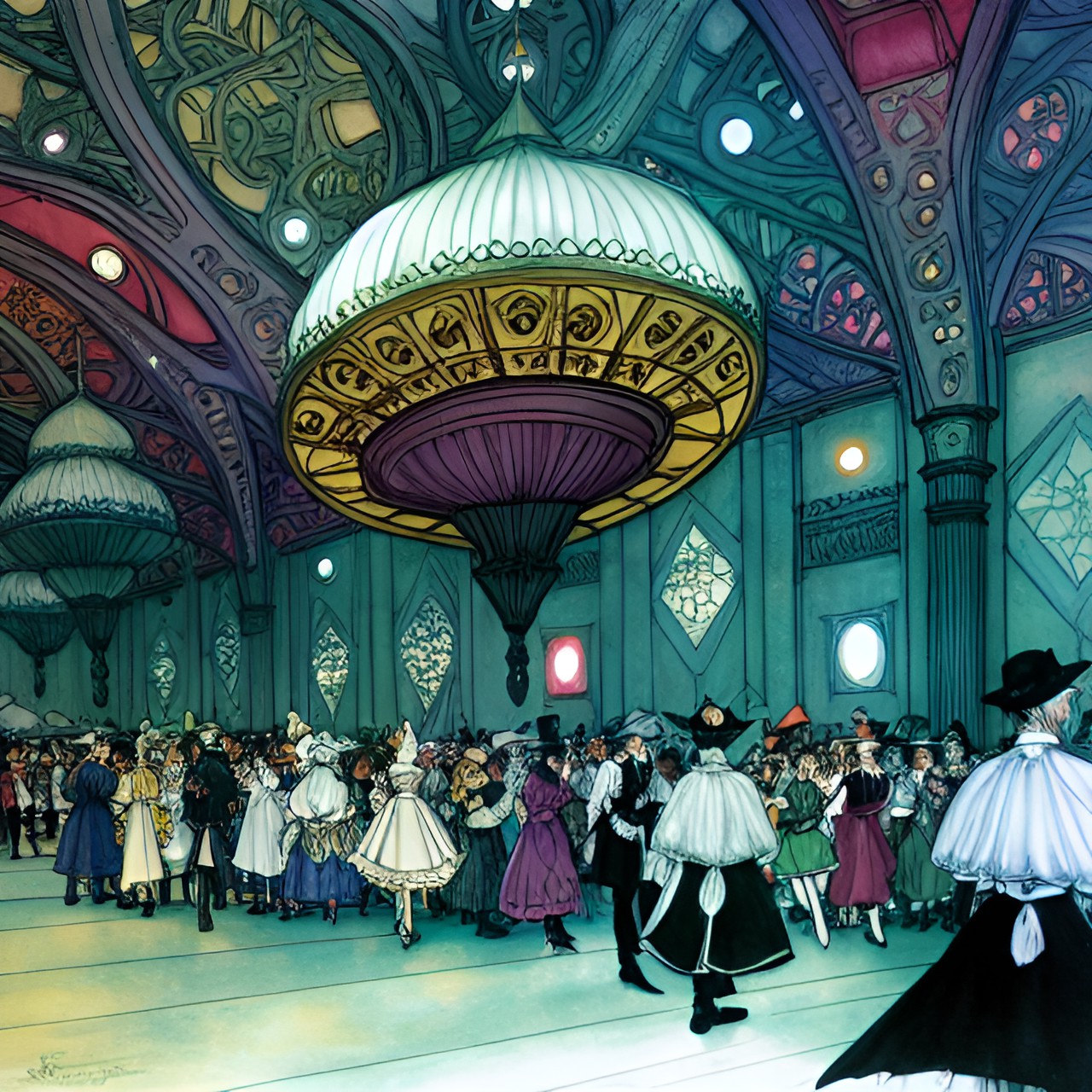 colourful elven ballroom, style arthur rackham preview