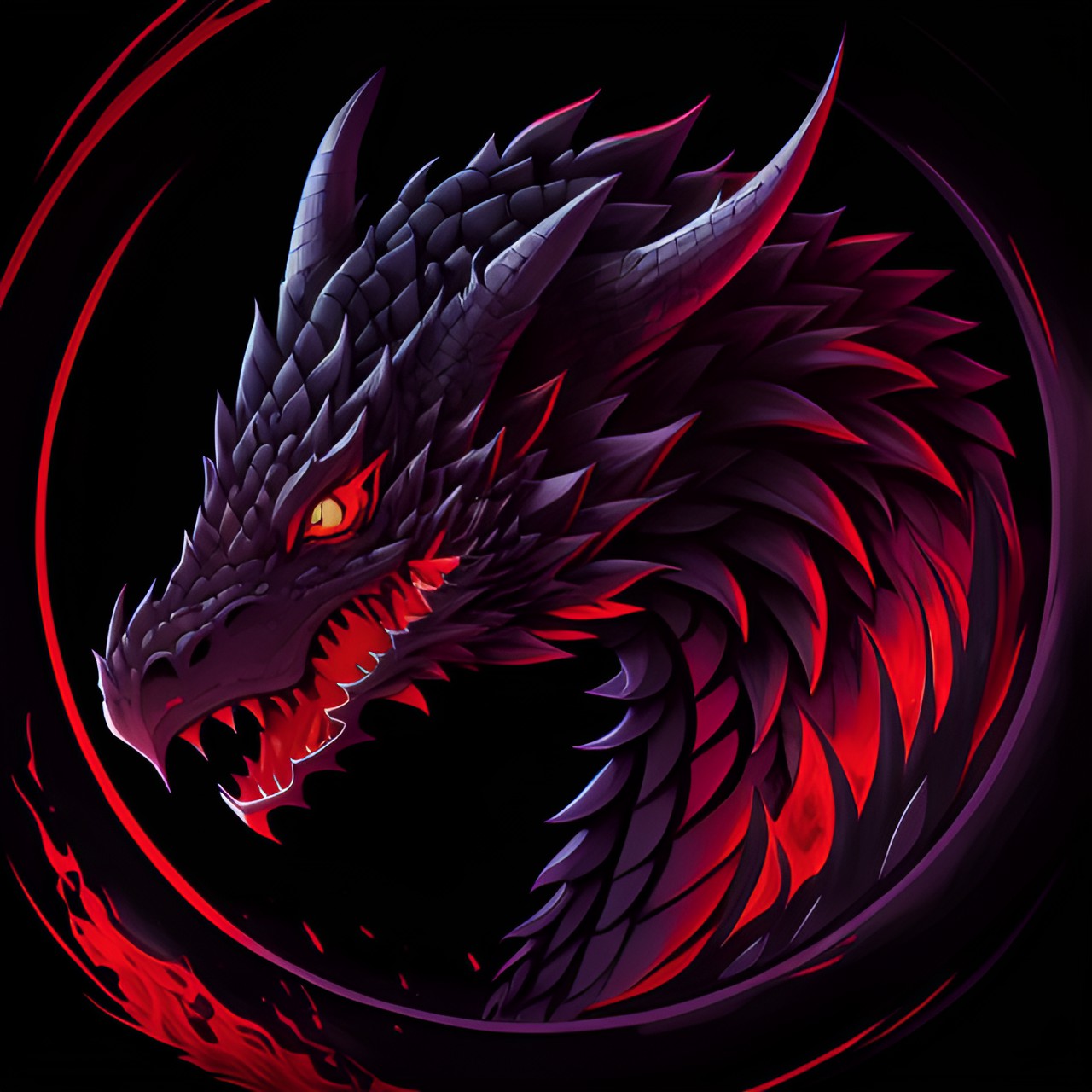 black and white,fiery round logo of the game series, with a black dragon with a red eye with white edging, side view, inside the circle, on a black background, preview