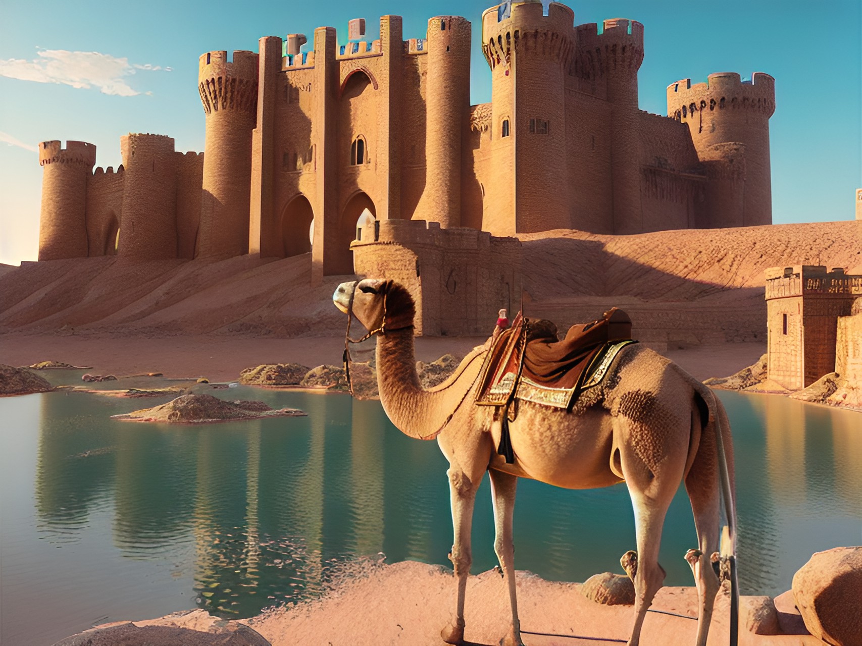 A camel - desert, a lonely camel is drinking water from a brook. a castle in the background. preview