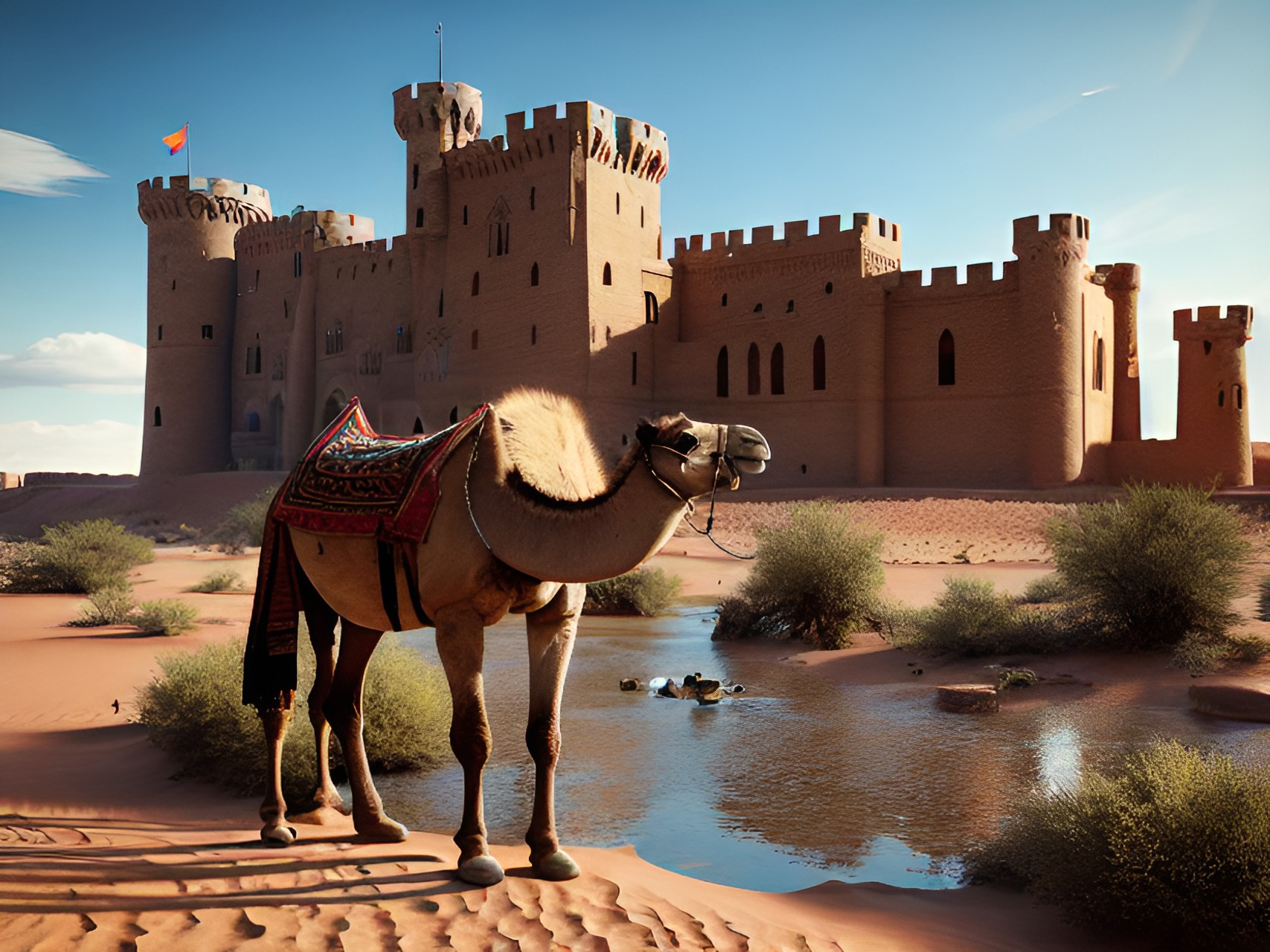 A camel and a castle - desert, a lonely camel is drinking water from a brook. a castle in the background. preview