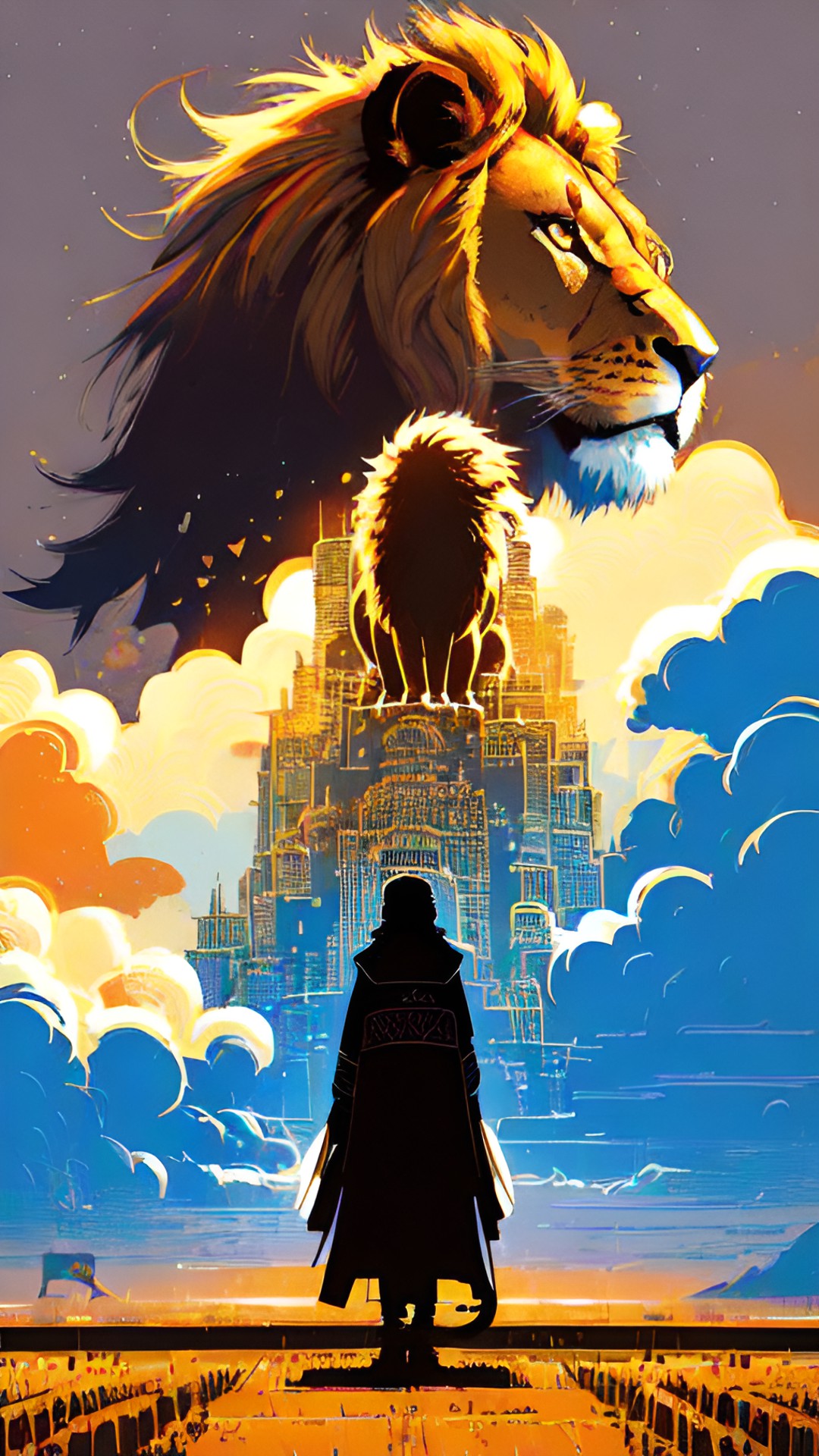 The king - mystical warrior of god/ lion of judah. with a.i. looking up at the mystical warrior. and around them is all the incredible inventions and advancements that man and a.i. have made together. preview