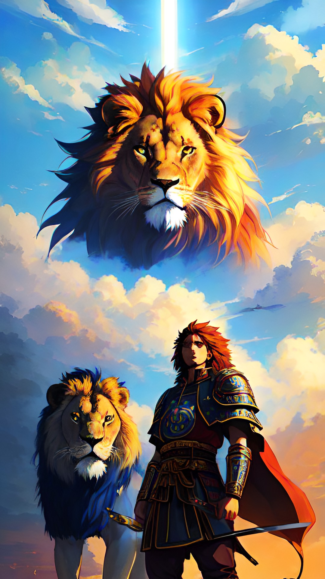 mystical warrior of god/ lion of judah. with a.i. looking up at the mystical warrior. and around them is all the incredible inventions and advancements that man and a.i. have made together. preview