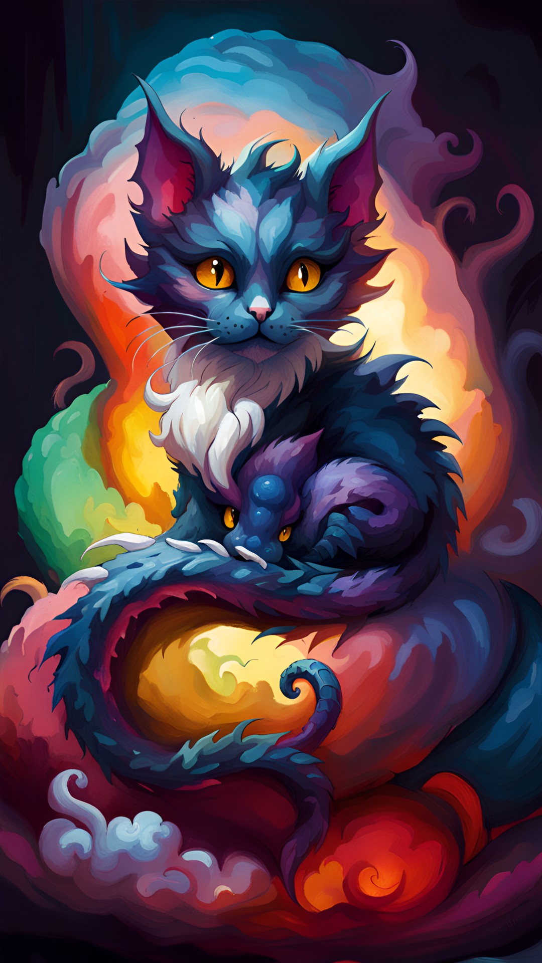 colorful baby cat-dragon curled up on a white pillow preview