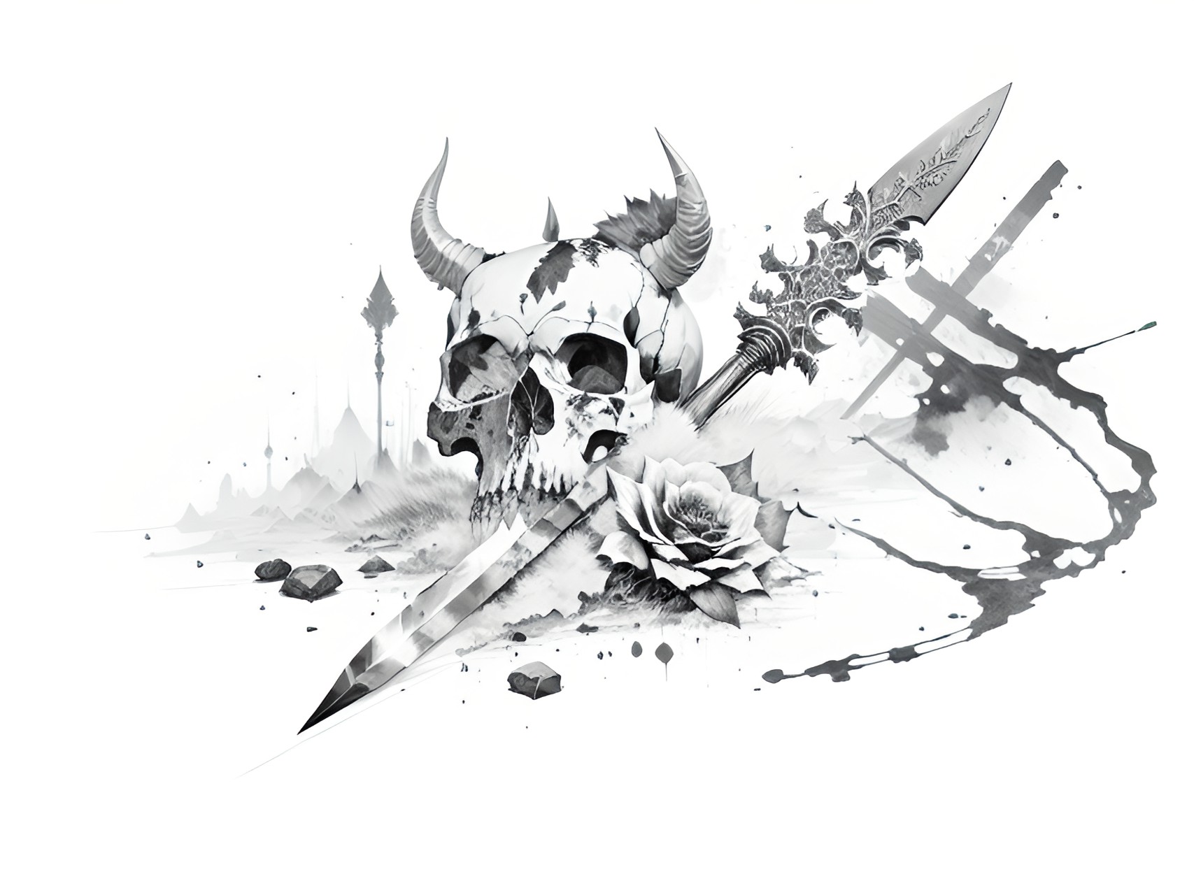 Skull type 2 - skull ,black roses, sword, rocks, horns preview