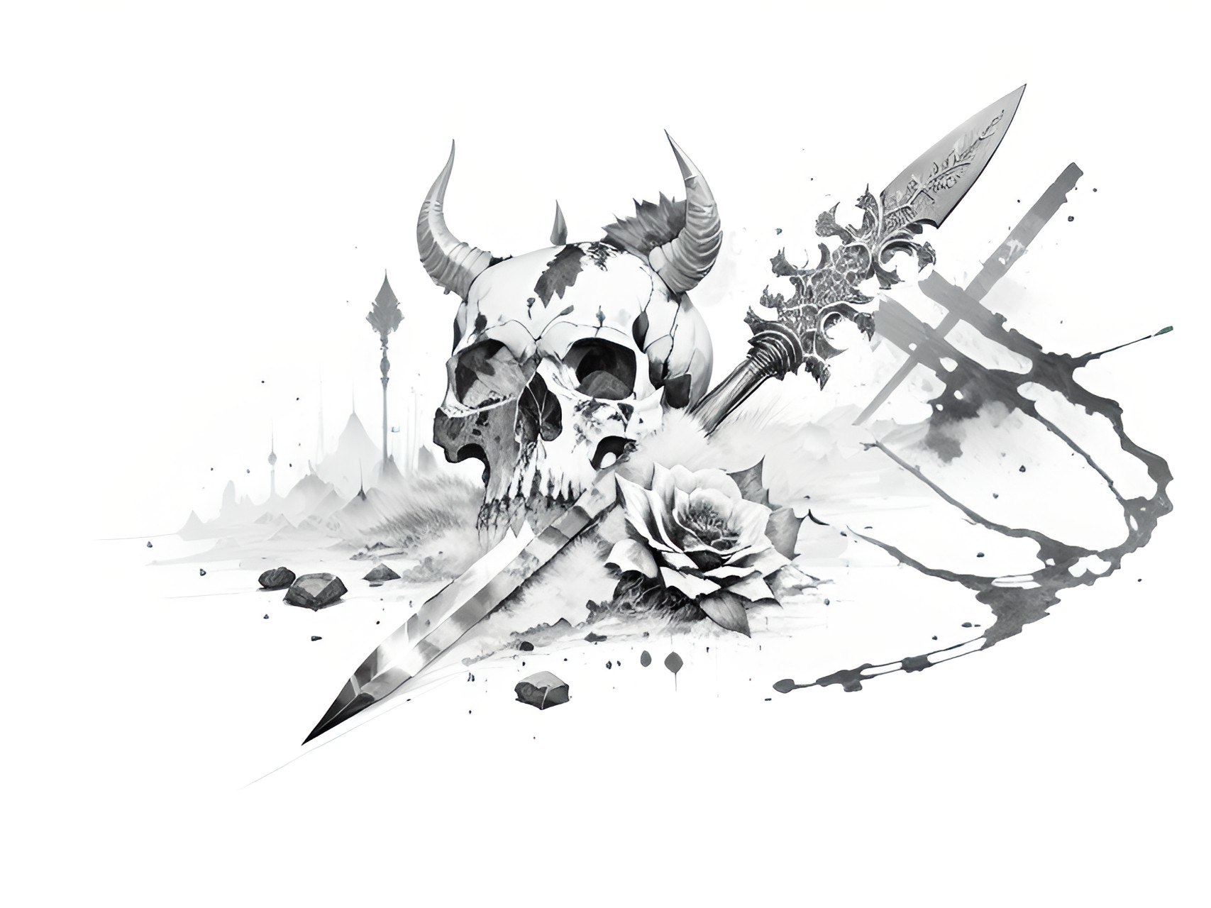 Skull type 2 - skull ￼,black roses, sword, rocks, horns preview