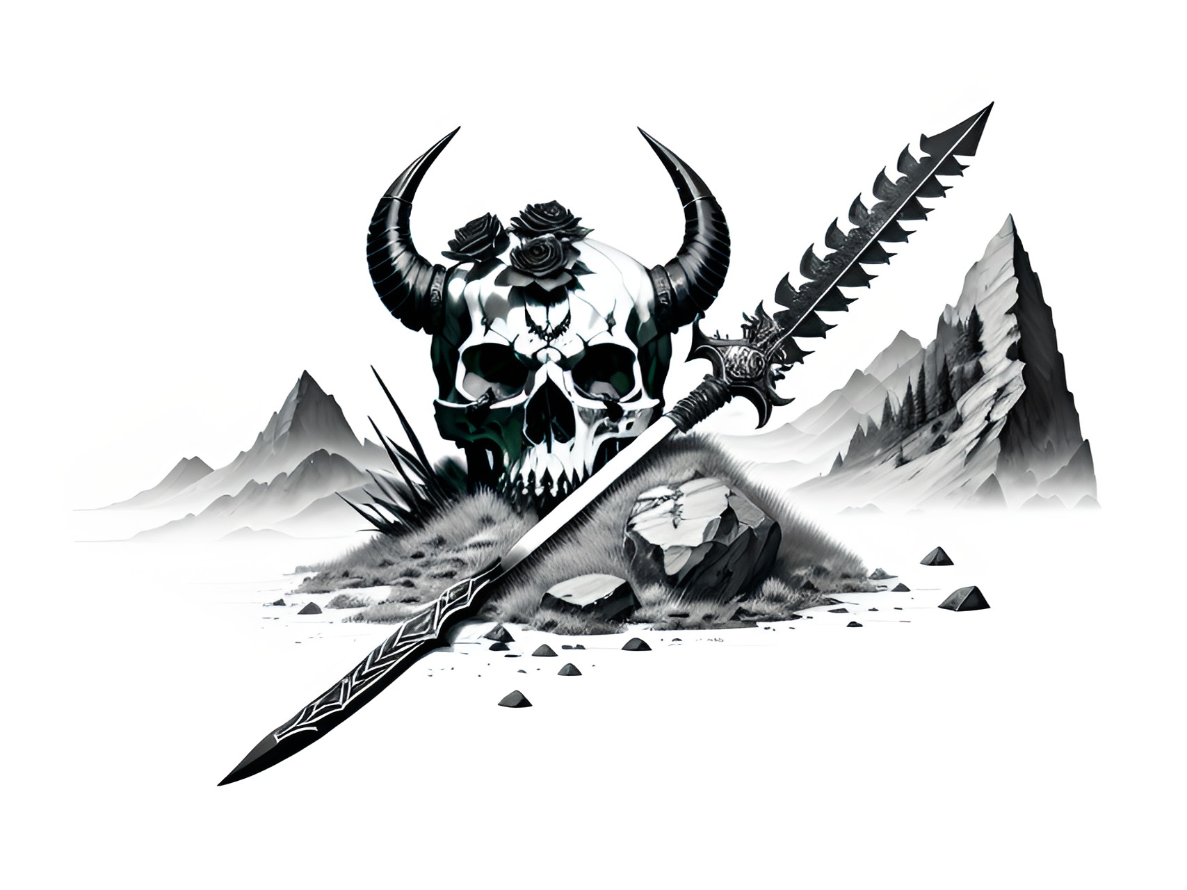 Skull sword type 3 - skull,horns, black roses,sword,shield with arrows,rock landscape preview