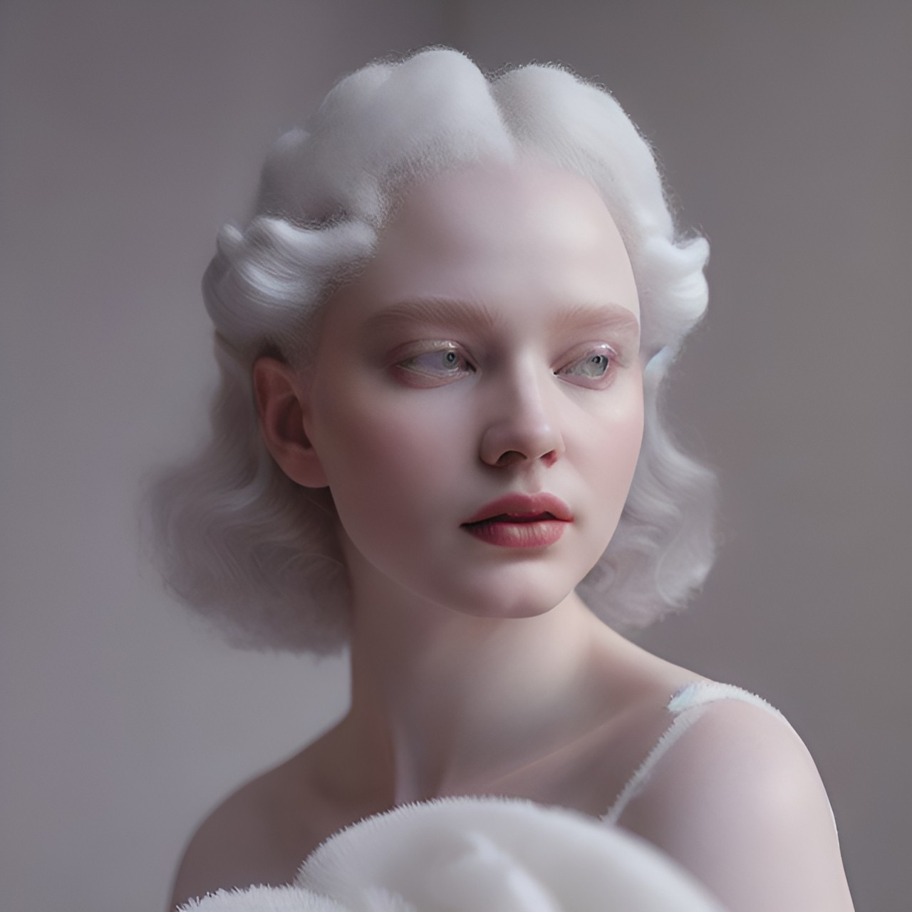 bathed in soft, dramatic lighting, each ensemble captures the essence of purity and grace, reflecting the timeless allure of an albino muse. preview