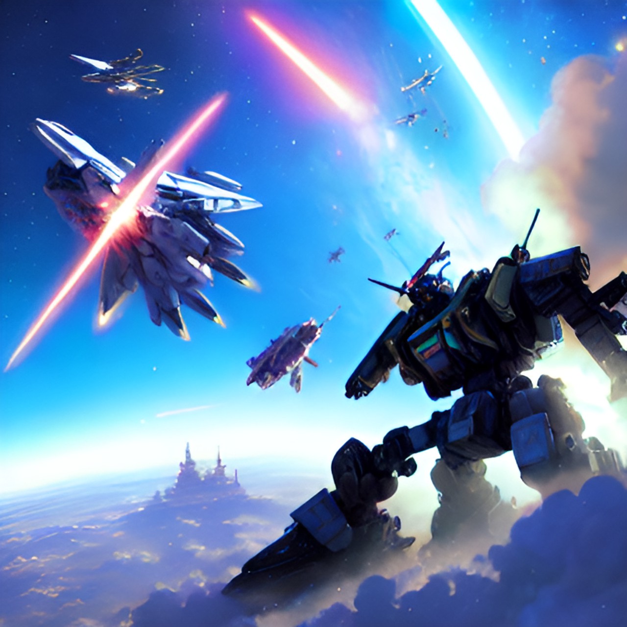 battle mech fighting other battle mechs in space near coruscant from star wars preview