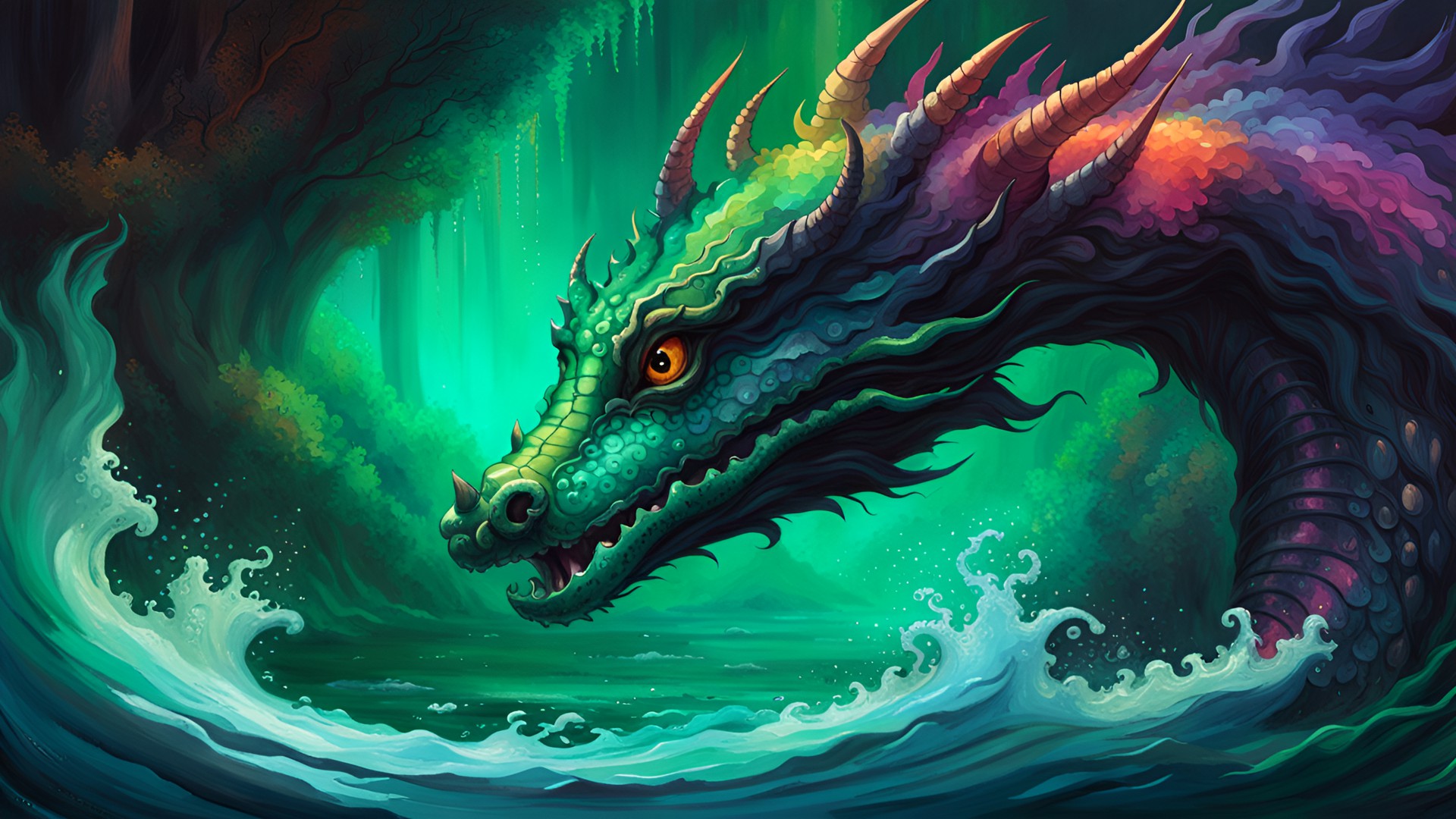 clever sea dragon swimming in emerald river preview