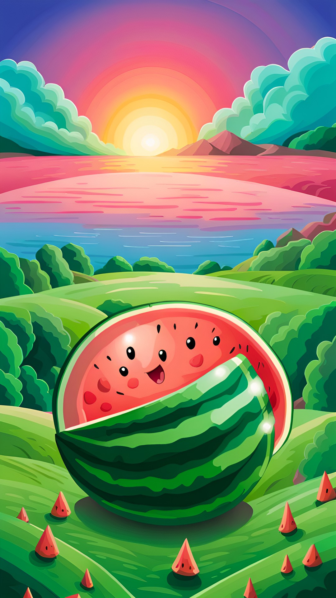 juicy watermelon with rainbow colors inside of the watermelon. watermelon is sitting on a giant green field preview