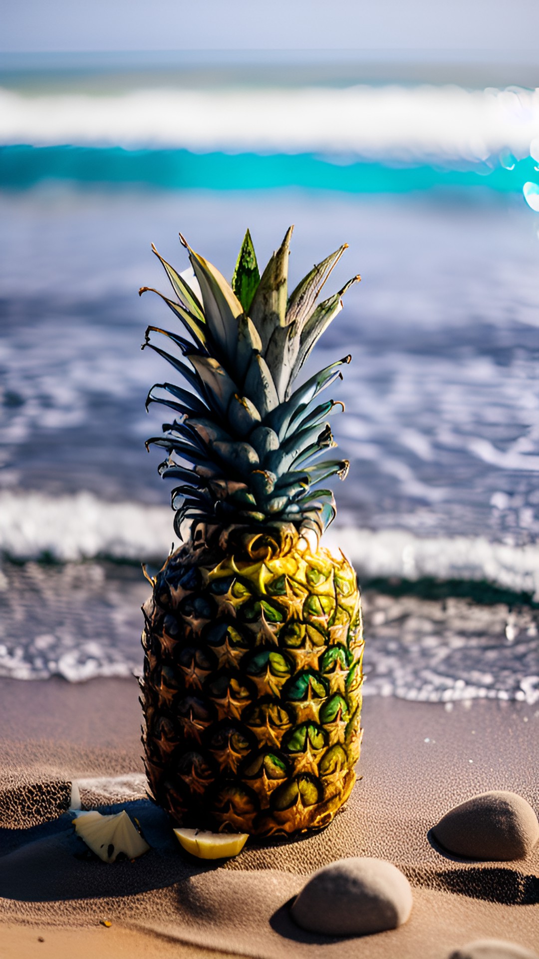 royal glistening pineapple glistening with water resting on the sand with a beach in the background preview