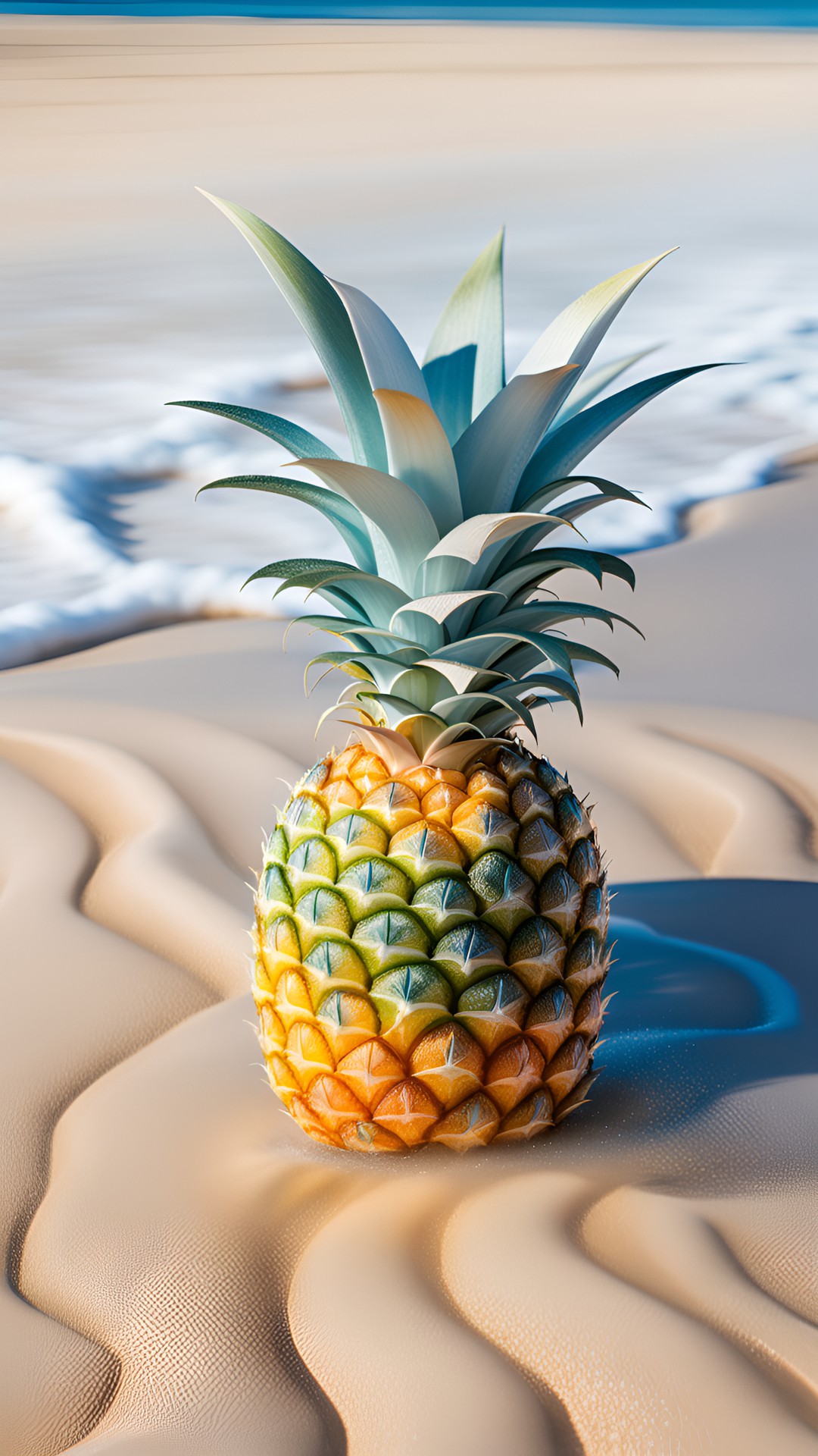 royal glistening pineapple glistening with water resting on the sand with a beach in the background preview