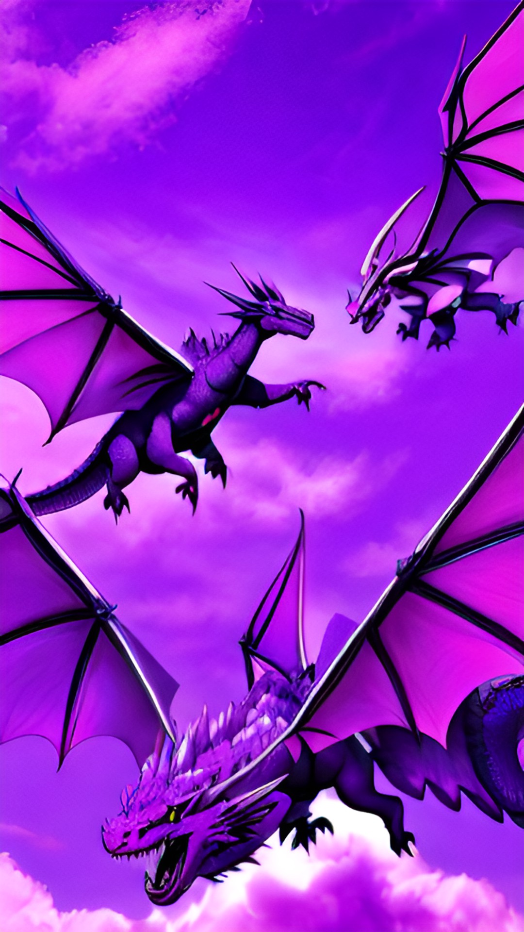 a purple dragon and a blue dragon flying together over a hill preview