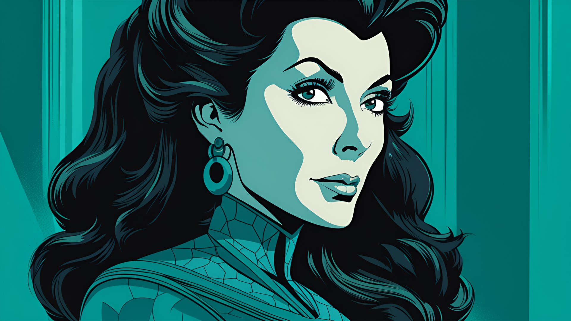 teal and black print, ethereal, pop art, counselor deanna troi theme, uhd, high quality image, 8k preview