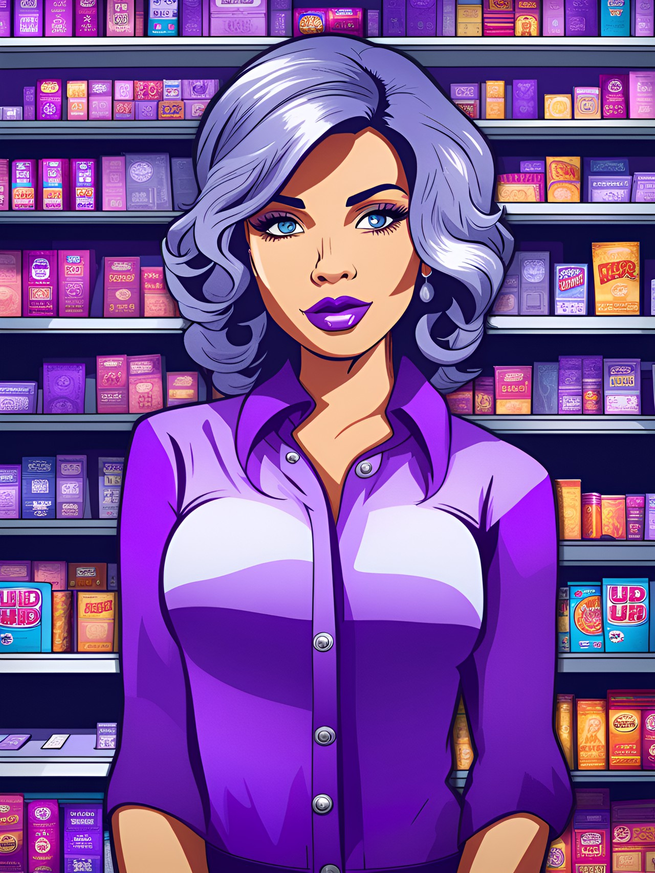 silver and violet portrait, pop art, bodega cashier, uhd, high quality image, 8k preview