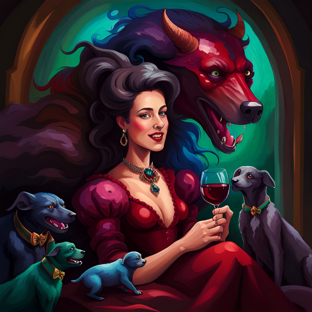 lighthearted portrait of a cheerful duchess and her pets with dark interior background scene, black, tones of red wine and midnight blue and gem tones of ruby sapphire diamond and emerald with contrasting bright highlights. preview