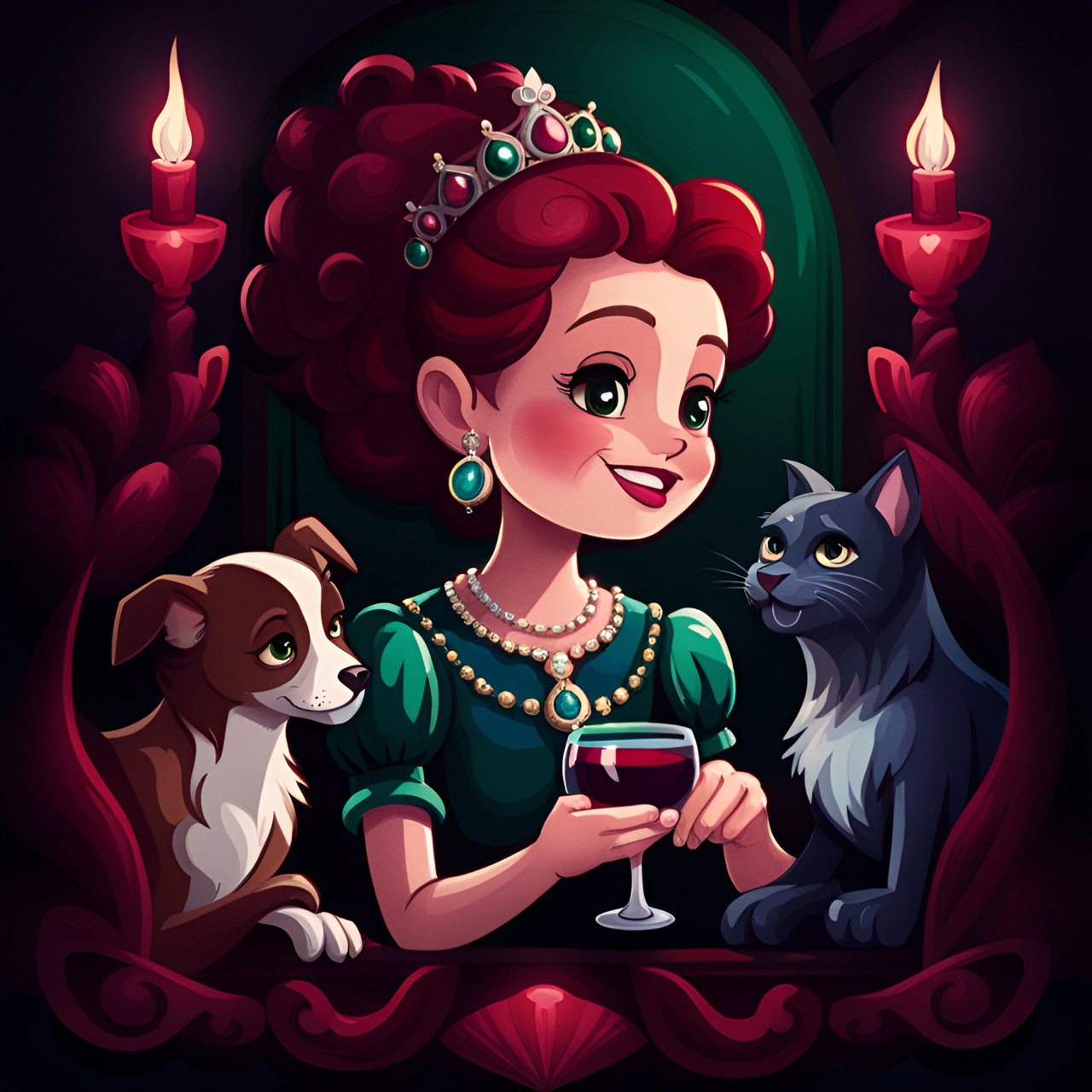 lighthearted portrait of a cheerful duchess and her pets with dark interior background scene, black, tones of red wine and midnight blue and gem tones of ruby sapphire diamond and emerald with contrasting bright highlights. preview