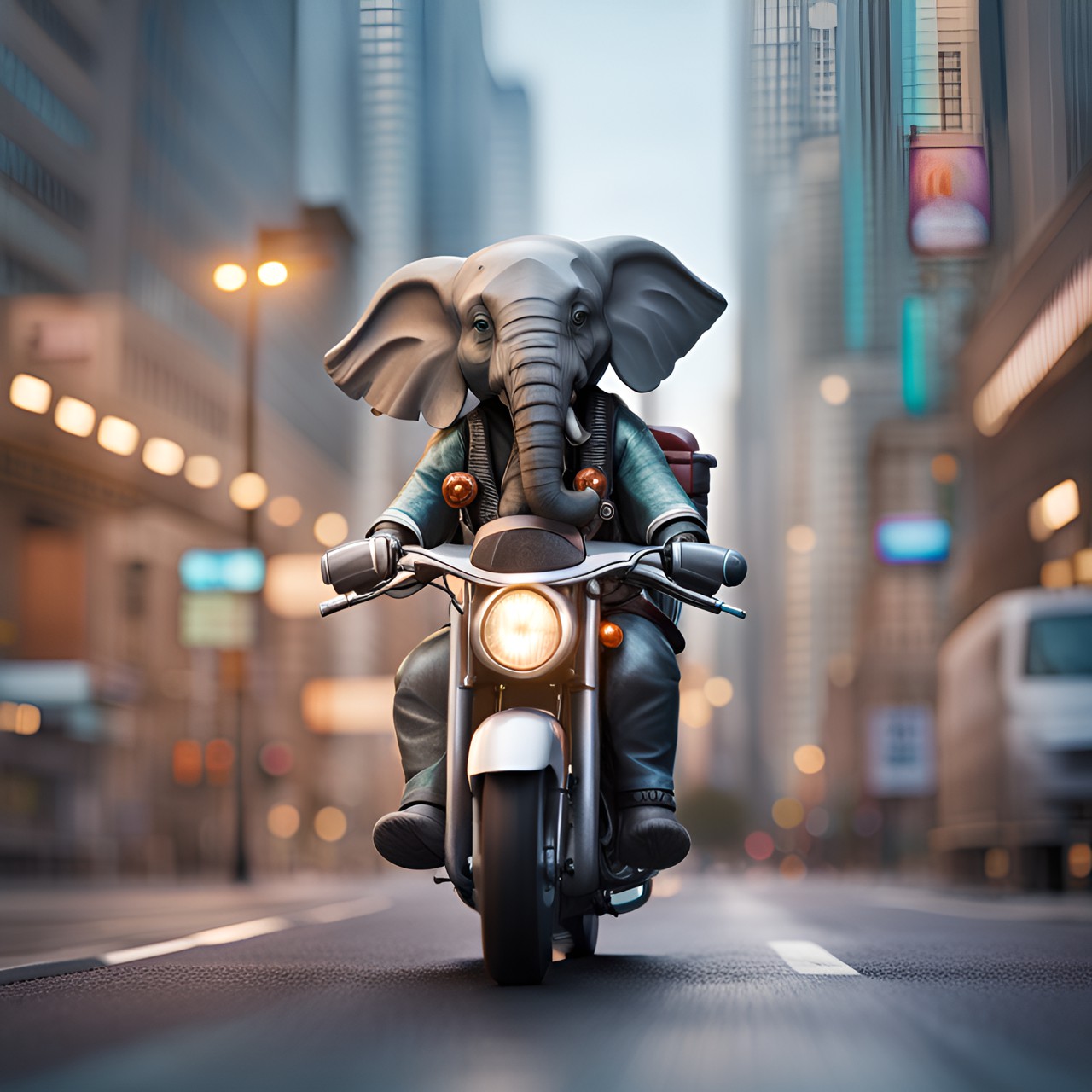 an elephant is riding a motorcycle down a busy street. he looks happy and carefree, enjoying the wind in his trunk. preview