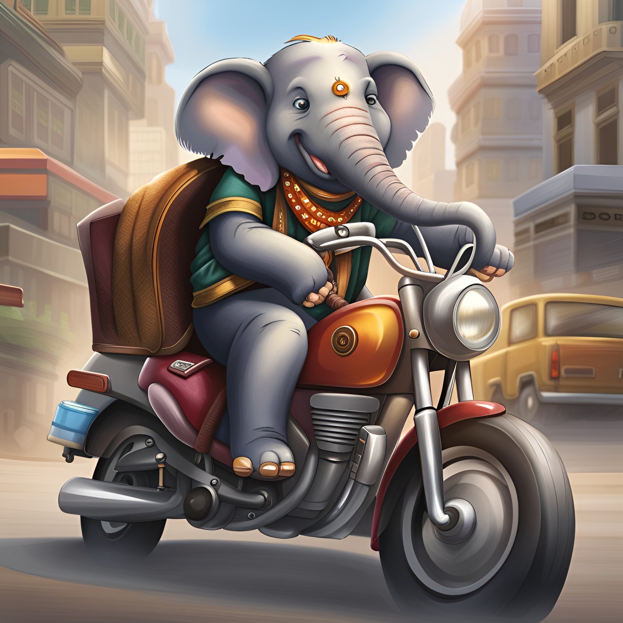 an elephant is riding a motorcycle down a busy street. he looks happy and carefree, enjoying the wind in his trunk. preview