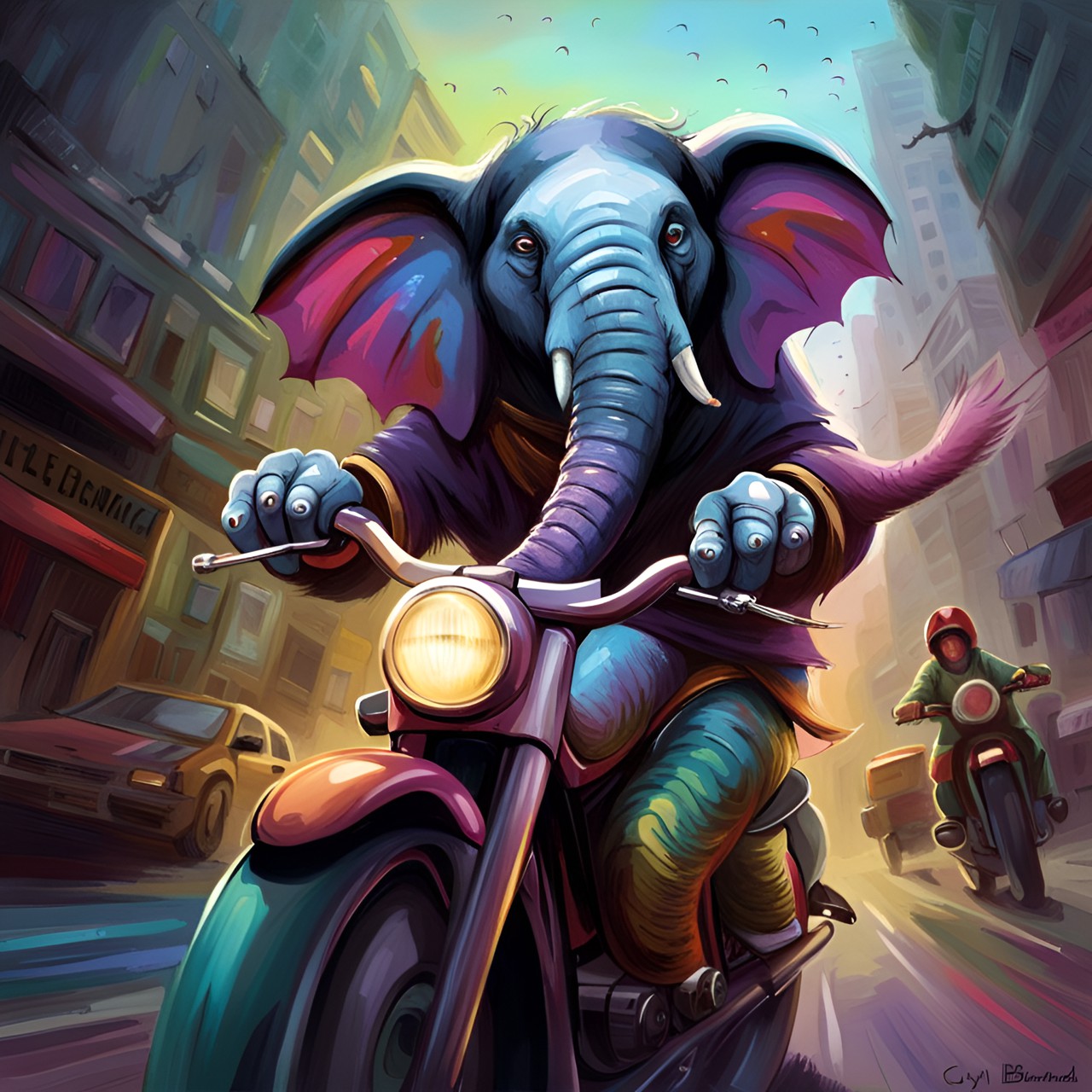 an elephant is riding a motorcycle down a busy street. he looks happy and carefree, enjoying the wind in his trunk. preview