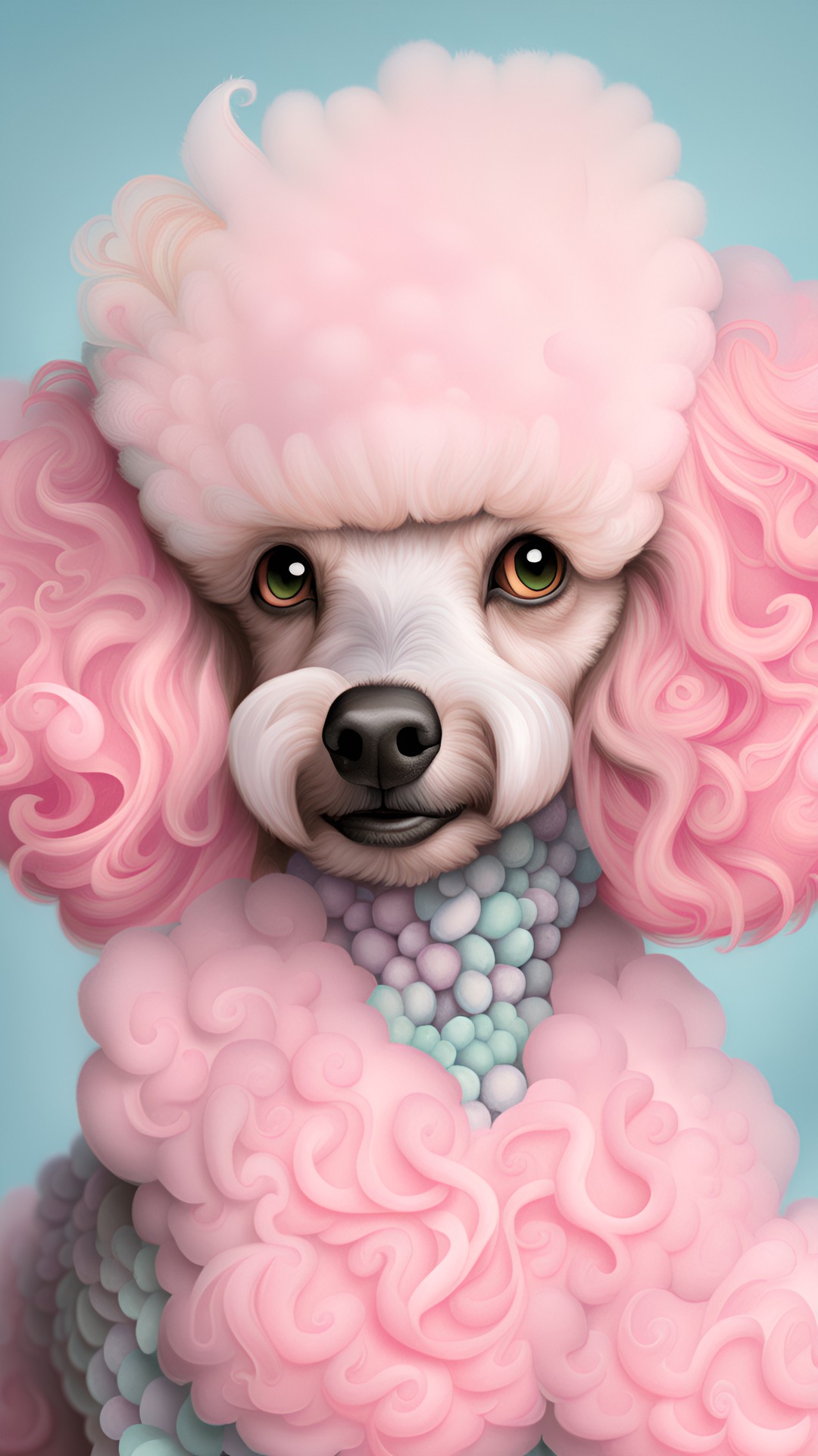 Tipsy - whimsical,ultra realistic, intricately  detailed, pastel colors, poodle with pink cotton candy fur. preview