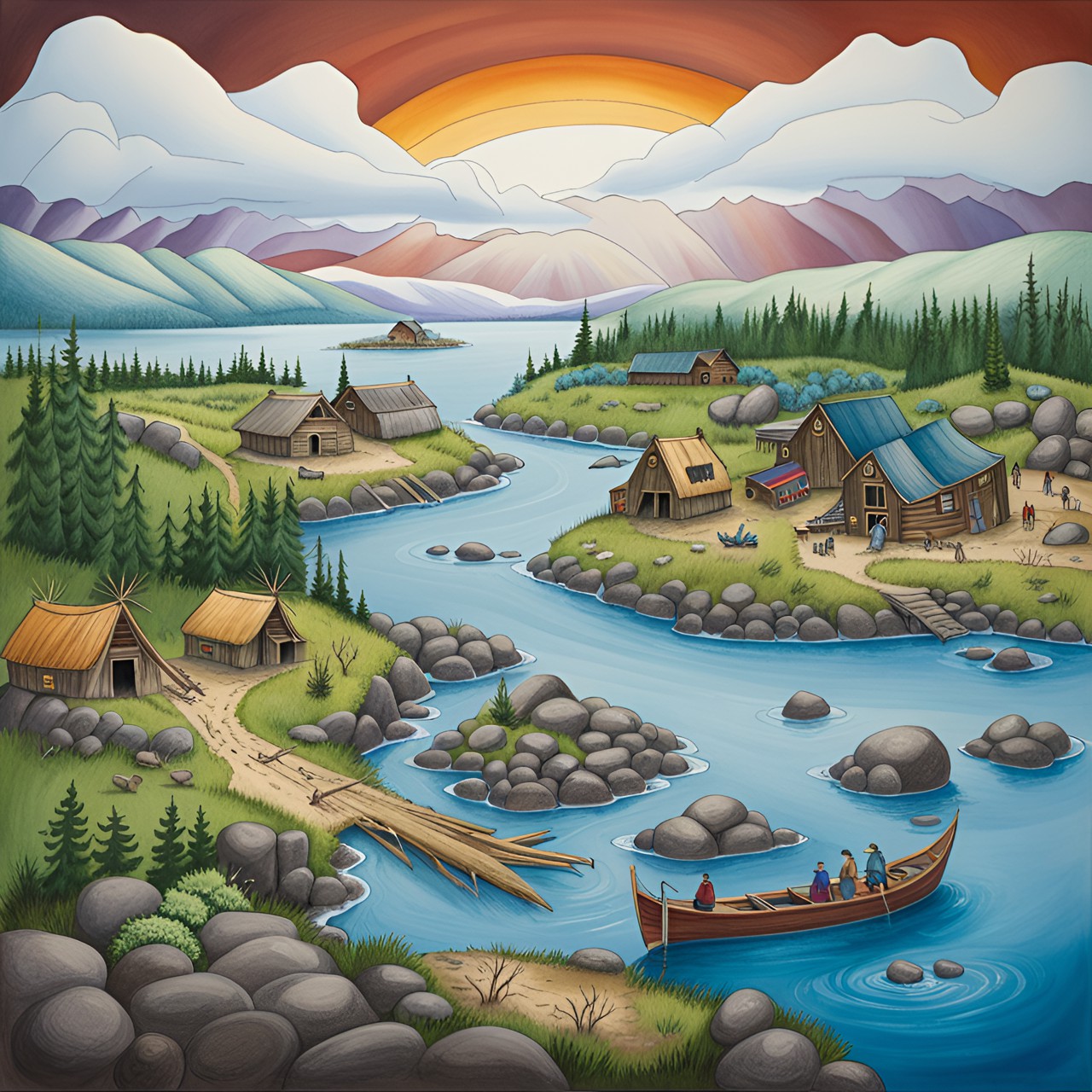 landscape drawing of the native alaskan village selawik. include rainbow bridge and inupiaq imagery preview